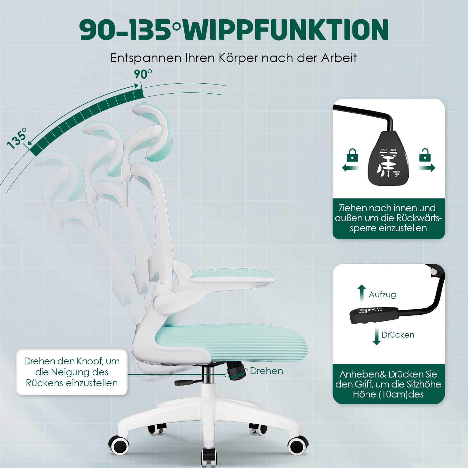 Fukstern Bürostuhl Ergonomischer Bürostuhl mit 90° klappbaren Armlehnen (Verstellbare Kopfstütze, atmungsaktiver Mesh-Bezug, Rücken- und Taillenstütze, Neigung fixierbar bei 90° (maximal kippbar bis 135), bis 150 kg belastbar