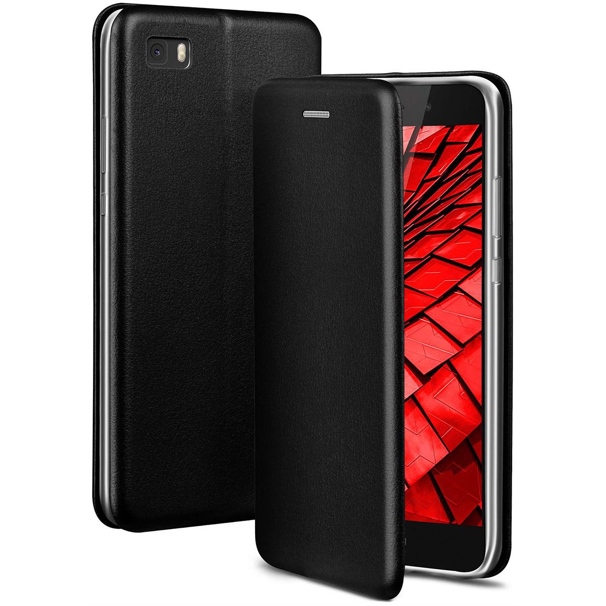 ONEFLOW Handyhülle für Huawei P8 Lite 2015 Premium Hülle Business Cover Schwarz 5 Zoll, 360 Grad Schutzhülle Flip Case Etui Klapphülle Dünn Leder Handy Tasche