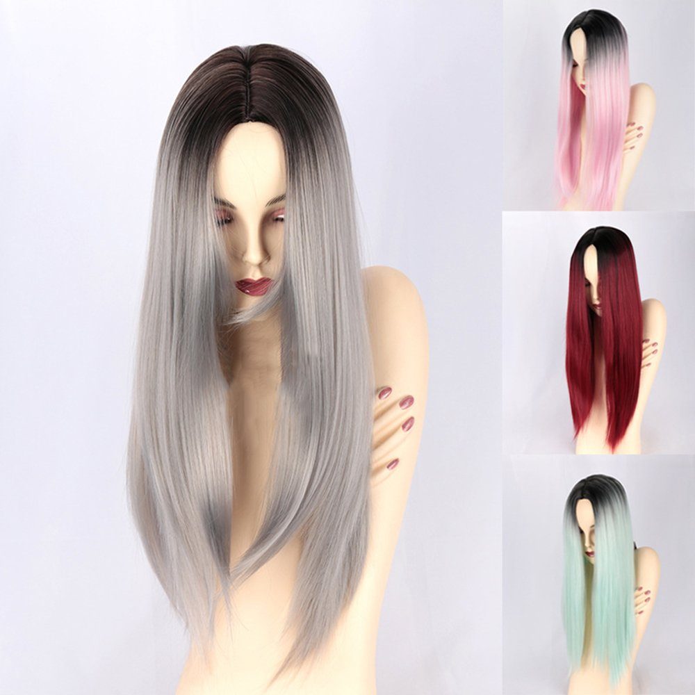 Damen Haarstyling Housruse Toupet Toupet Schwarz-grauer Farbverlauf Perücke mehrfarbige lange glatte Haare realistische natürlic