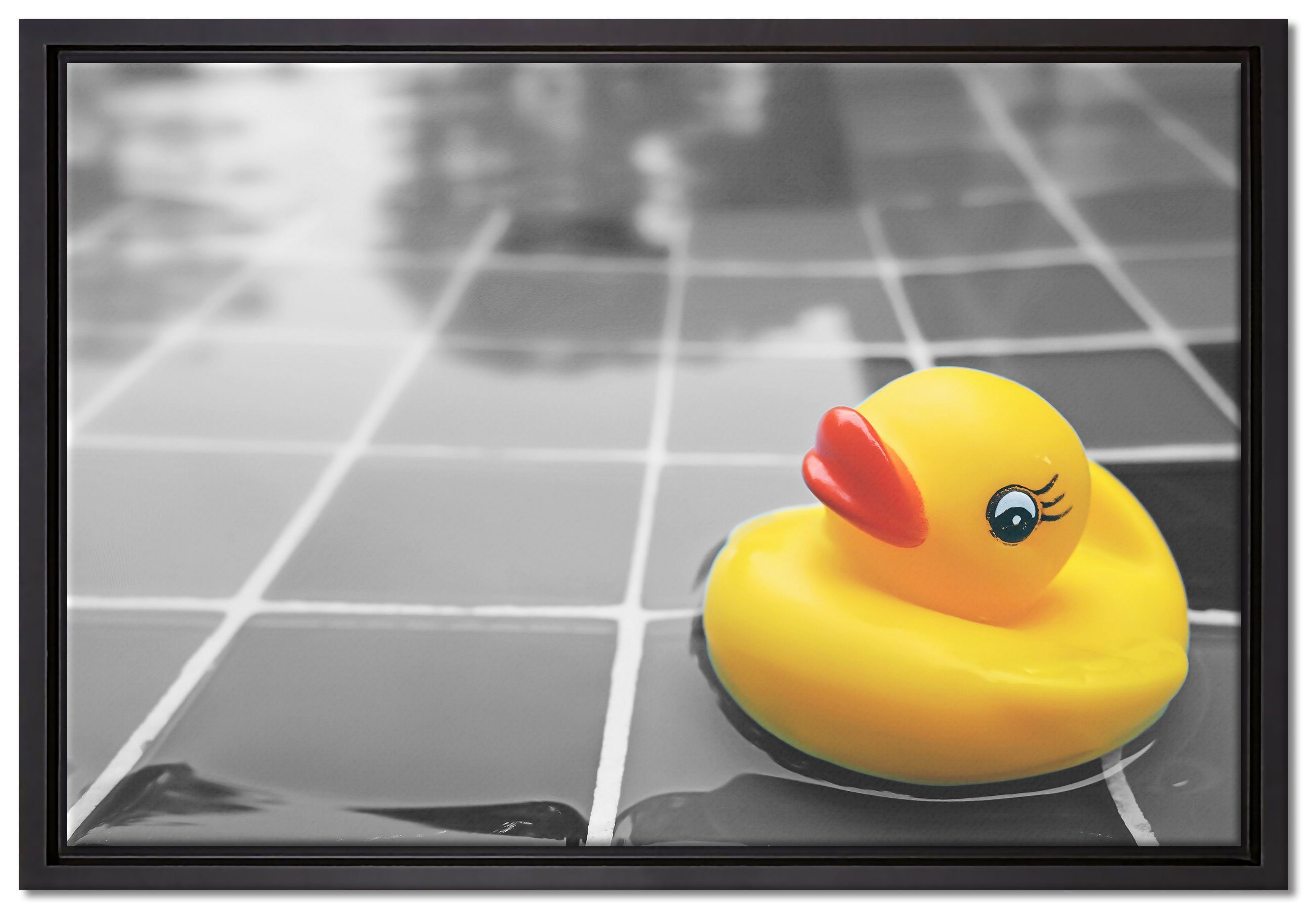 Pixxprint Leinwandbild Quietsche Ente im Wasser, Wanddekoration (1 St), Leinwandbild fertig bespannt, in einem Schattenfugen-Bilderrahmen gefasst, inkl. Zackenaufhänger