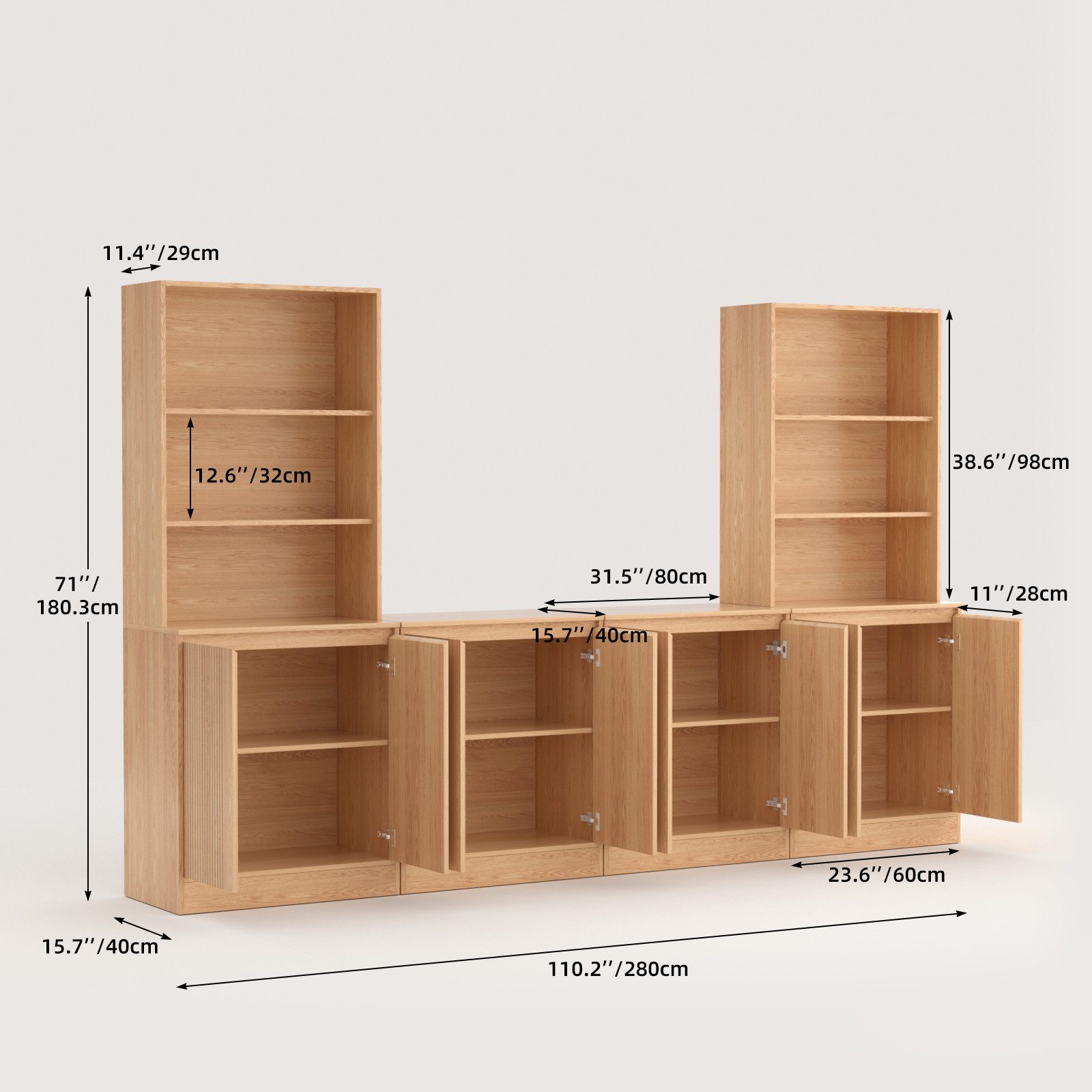 VOWNER TV-Schrank mit Arbeitsplatte & Schublade, 280cm, Holzfarbe (4 PCS) (4-St) Die 4 Module lassen sich einzeln oder zusammen verwenden