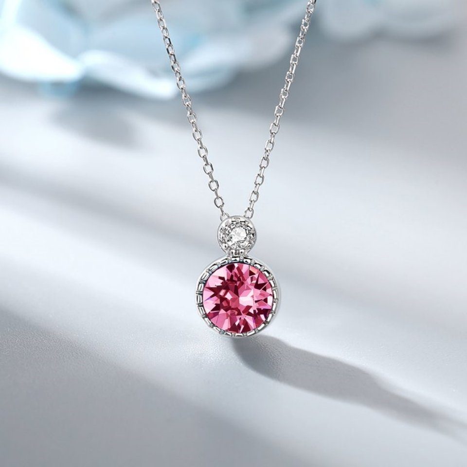 mit (allergiefreies Birthstone Geburtstag Hochzeit Pomelo Best Muttertag Mädchen Edelstein Silber Halsband Jubiläum Schmuck Kette Sterling Weihnacht S925 Anhängerkette Rund Geschenk Damen Freundin Geschenkbox, Halsketten Valentinstag Anhänger Kristallen Mama), Kette Halskette mit Anhänger Rosa mit Geburtsstein Frauen