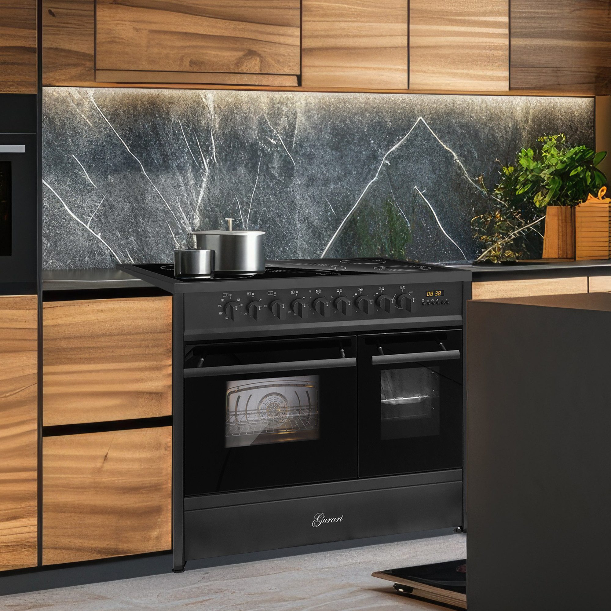 GURARI Elektro-Standherd Glaskeramik Herd 90 cm Schwarz Range Cooker Elektro Doppelbackofen mit Dunstabzugshaube 90cm GCH E 912 DF BL+VIKTORIA 90 BL, mit 1-fach-Teleskopauszug