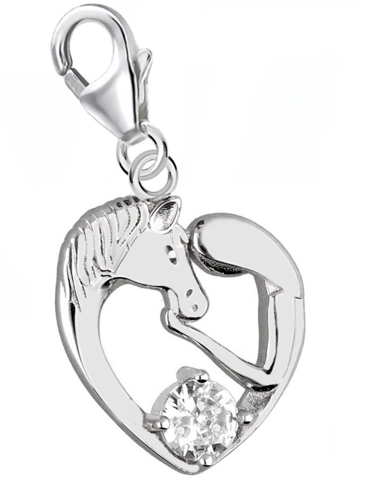 Goldene Hufeisen Charm Herz Zirkonia Herz Pferd Charm 925 Sterling-Silber Anhänger für Armband, Rhodium überzogen
