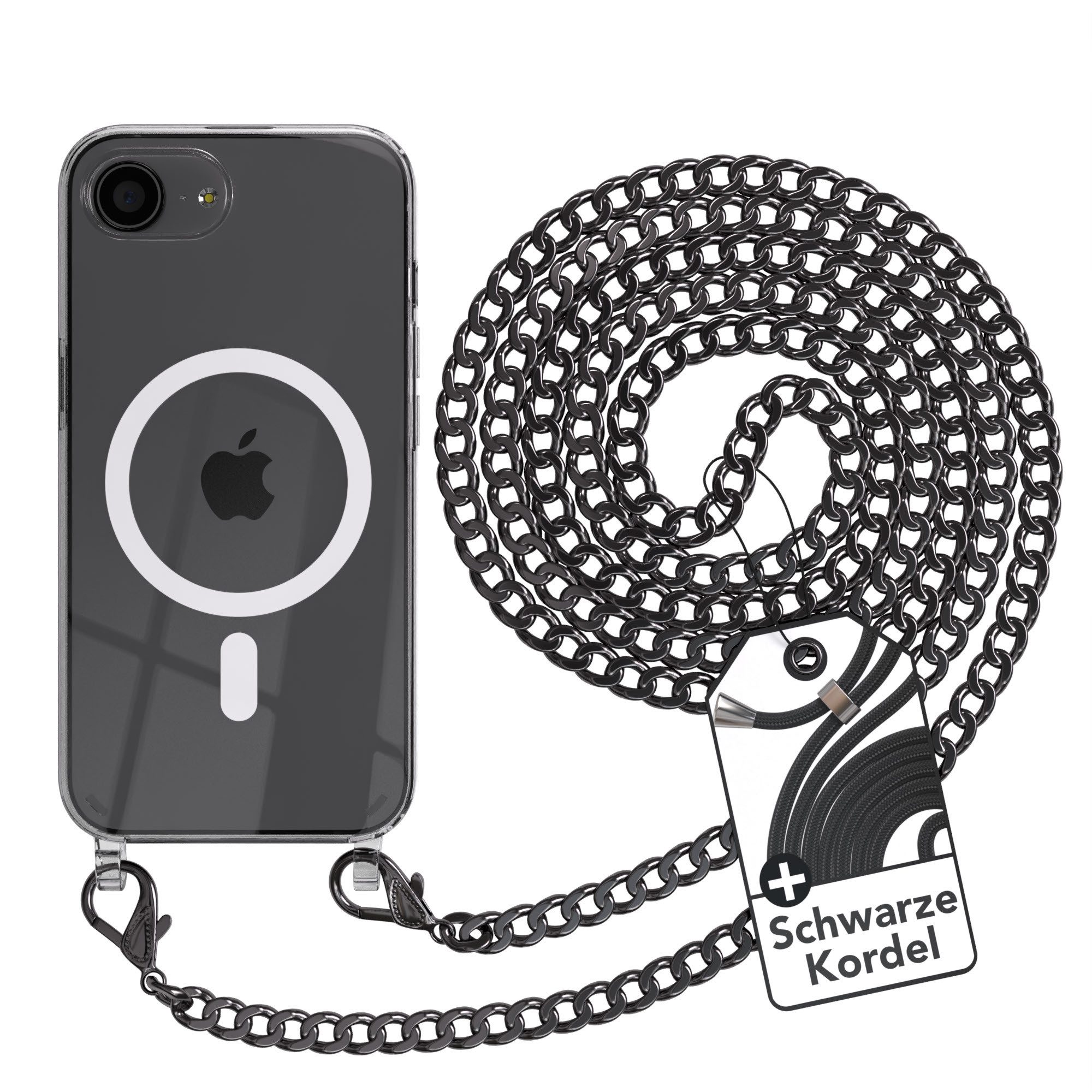 EAZY CASE Handykette Apple iPhone 16e Case Chain MagSafe Set Eyelets Metall + Chain MagSafe 6,1 Zoll, Handykordel Metall Kette zum Umhängen Magsafe Schutzhülle Anthrazit