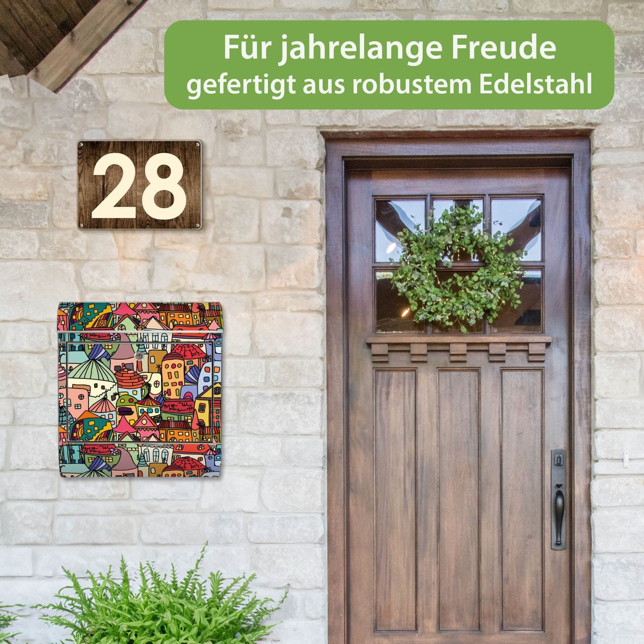 banjado Wandbriefkasten Edelstahl mit Motiv Funky Town (Wandbriefkasten groß, mit Zeitungsfach), 38 x 42,5 x12 cm