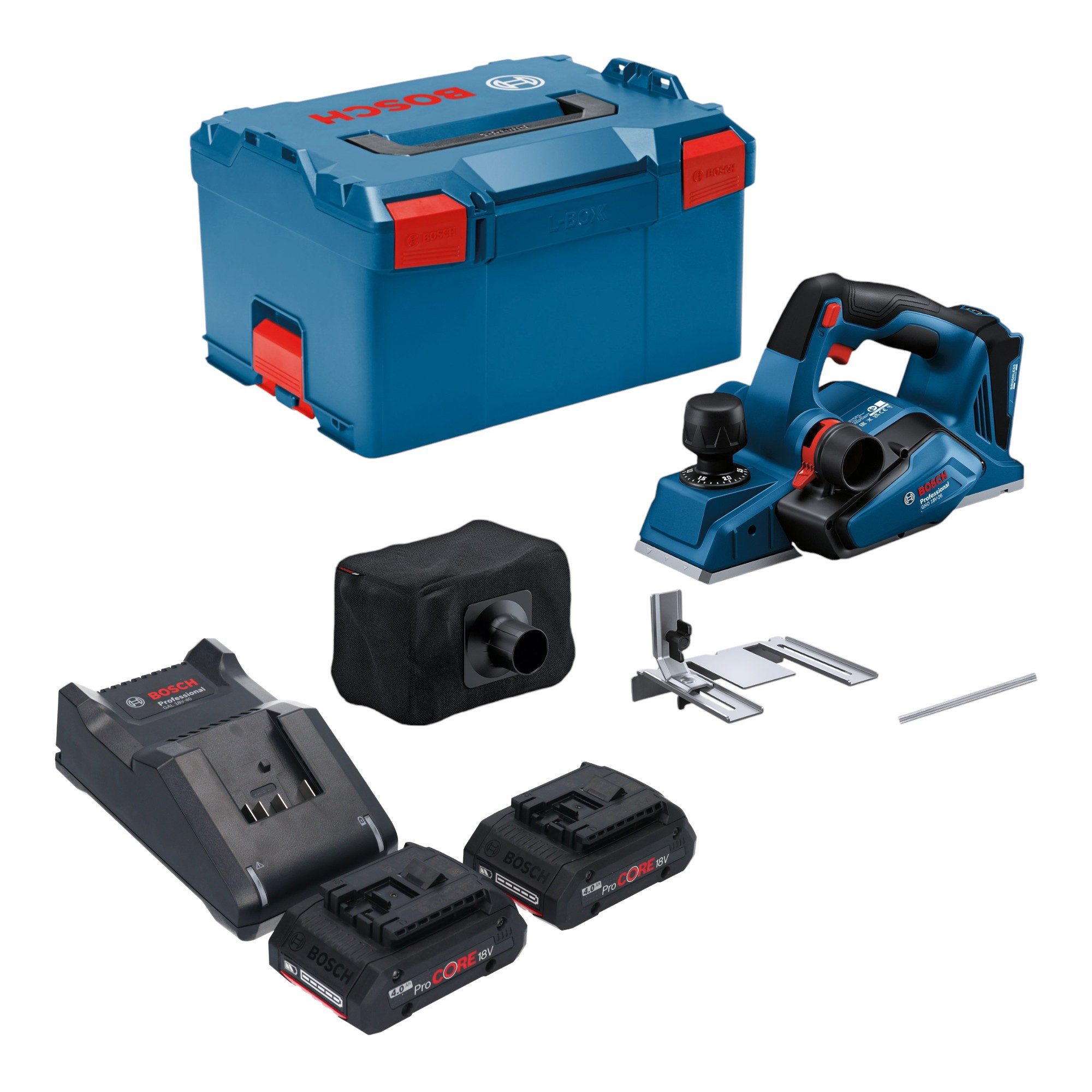 Bosch Professional Elektrohobel GHO 18V-26 Professional 18 V + 2x ProCORE Akku 4,0 Ah + Lader + L-Boxx