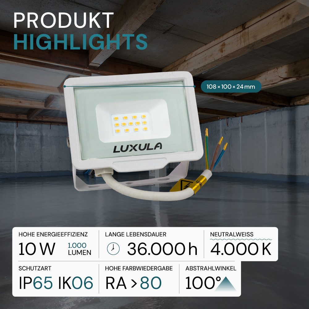 LUXULA LED Flutlichtstrahler LUXULA LED Fluter 10 W 4000 K Neutralweiß Weiß, LED fest integriert, Neutralweiß