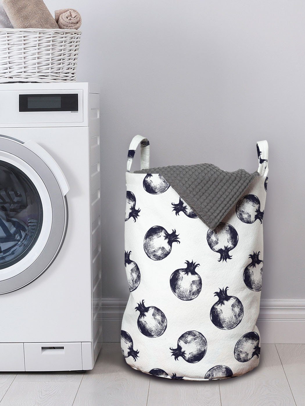 Abakuhaus Wäschekorb Waschsalons, mit und weiß Wäschesäckchen für Pomegranates Blau Flüchtiger Kordelzugverschluss Griffen