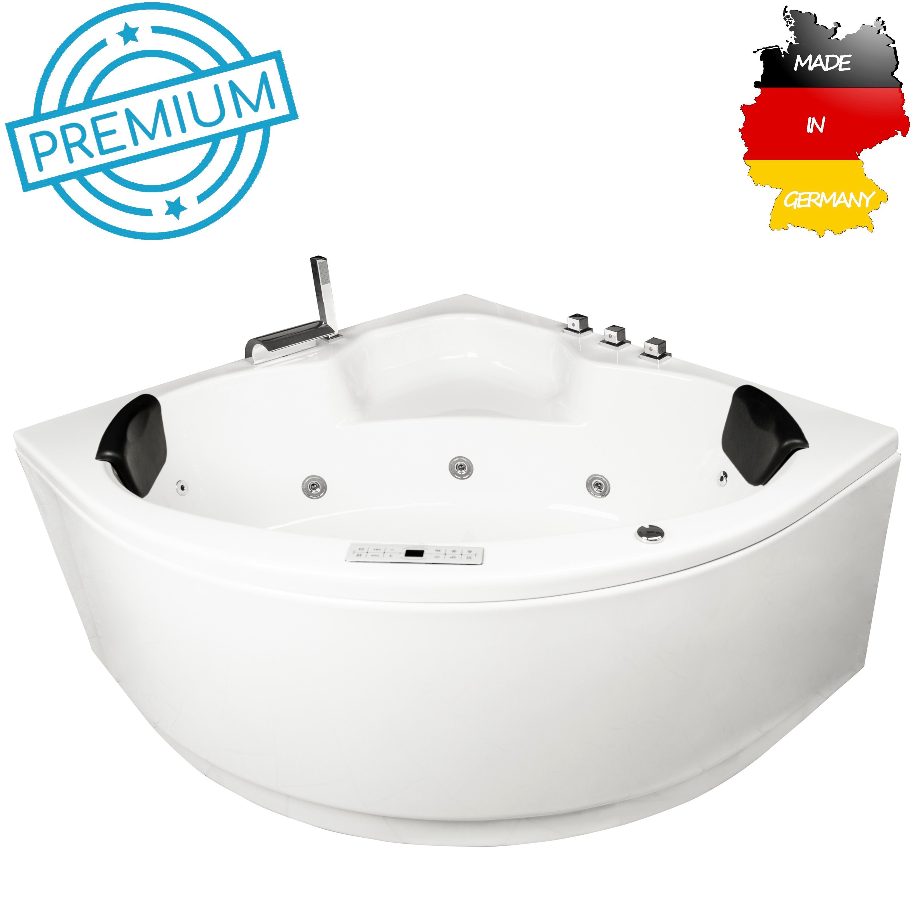 Basera® Whirlpool-Badewanne PREMIUM Indoor Eck-Whirlpool Badewanne Maui 130 x 130 cm, (Komplett-Set), mit 21 Massagedüsen, Heizung, Wasserdesinfektion, Bodenansaugung, W...