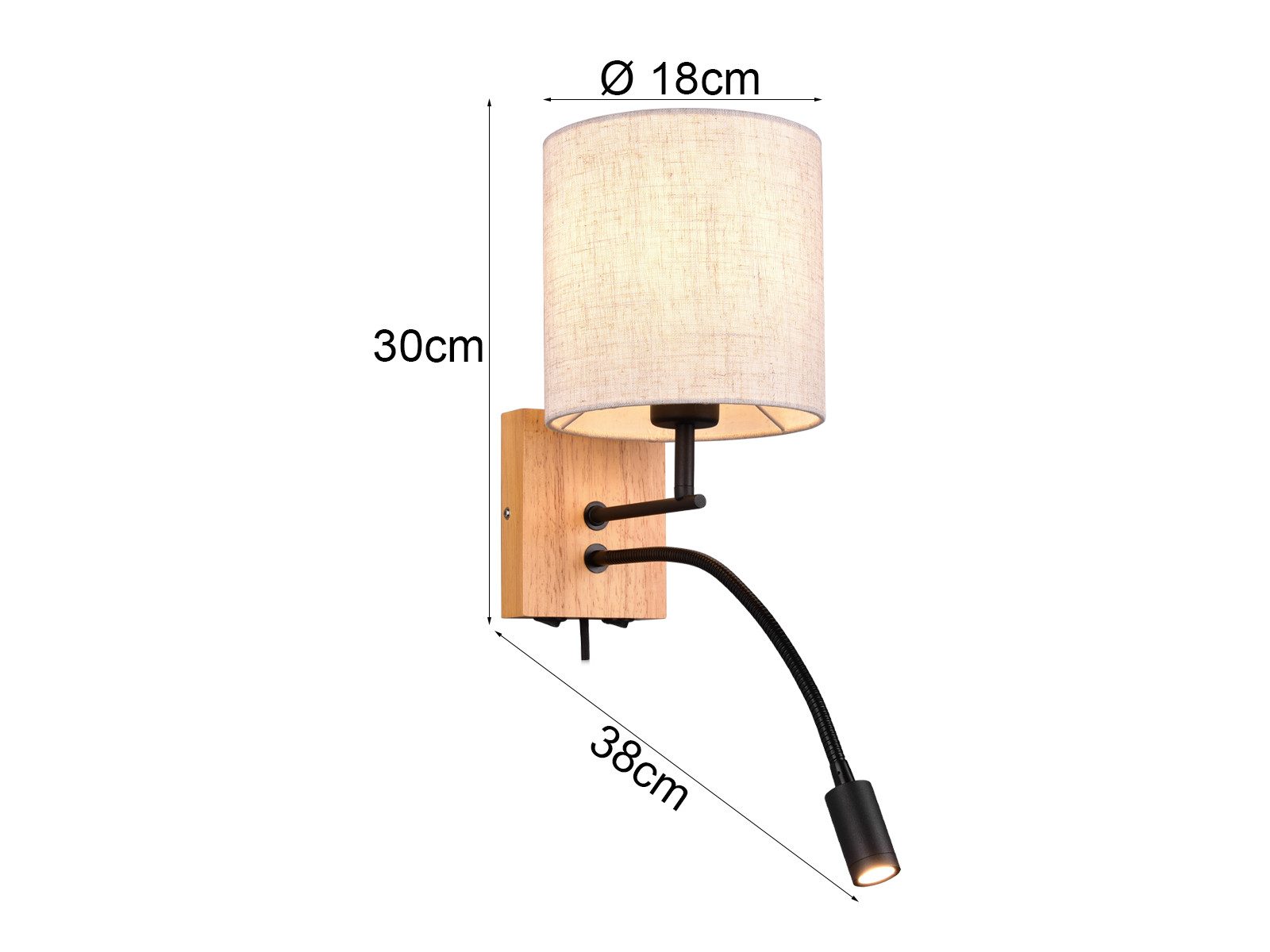 TRIO Leuchten LED Wandleuchte, Lesearm, LED wechselbar, LED fest integriert, warmweiß, Holz mit Schalter skandinavisch Nachttischlampe Leselampe Bett H 30cm
