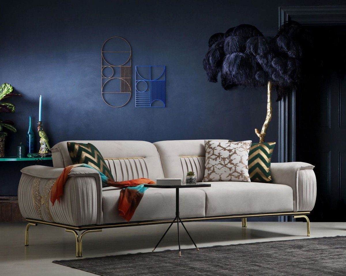 Casa Padrino Sofa Luxus Wohnzimmer Sofa mit verstellbarer Rückenlehne Grau / Beige / Gold 223 x 93 x H. 78 cm - Luxus Wohnzimmer Möbel