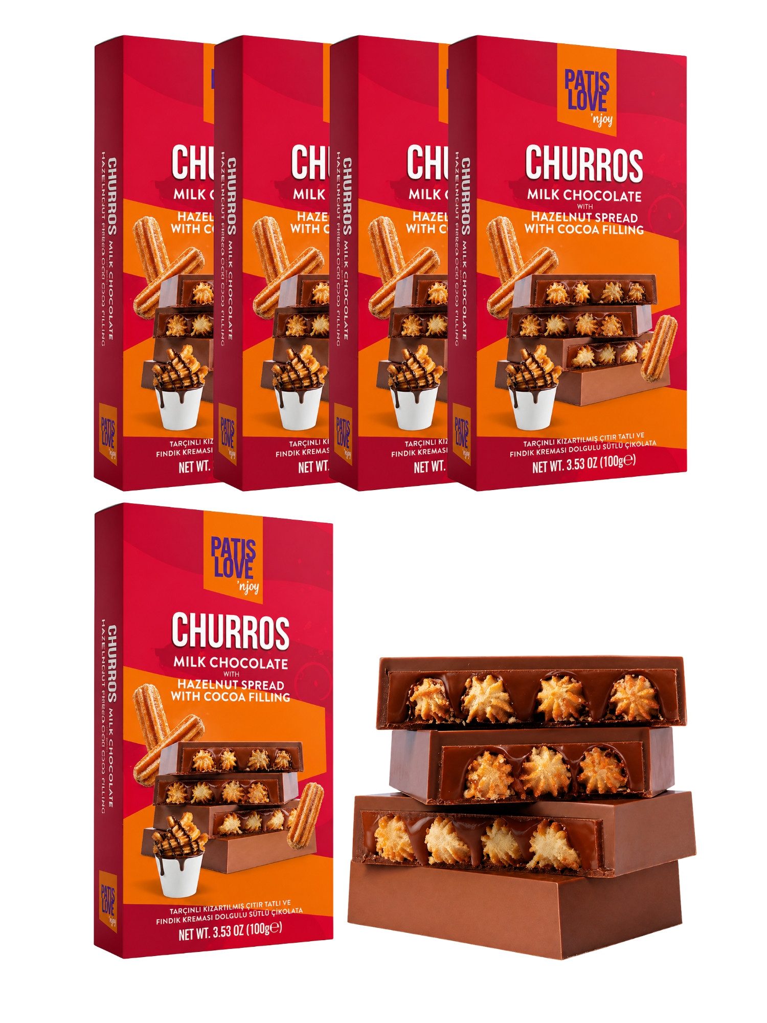 PATISLOVE Schokolade Churros Vollmilchschokolade mit Haselnusscreme 100g, ohne Konservierungsstoffe, ohne Farbstoffe, mit Haselnusscreme