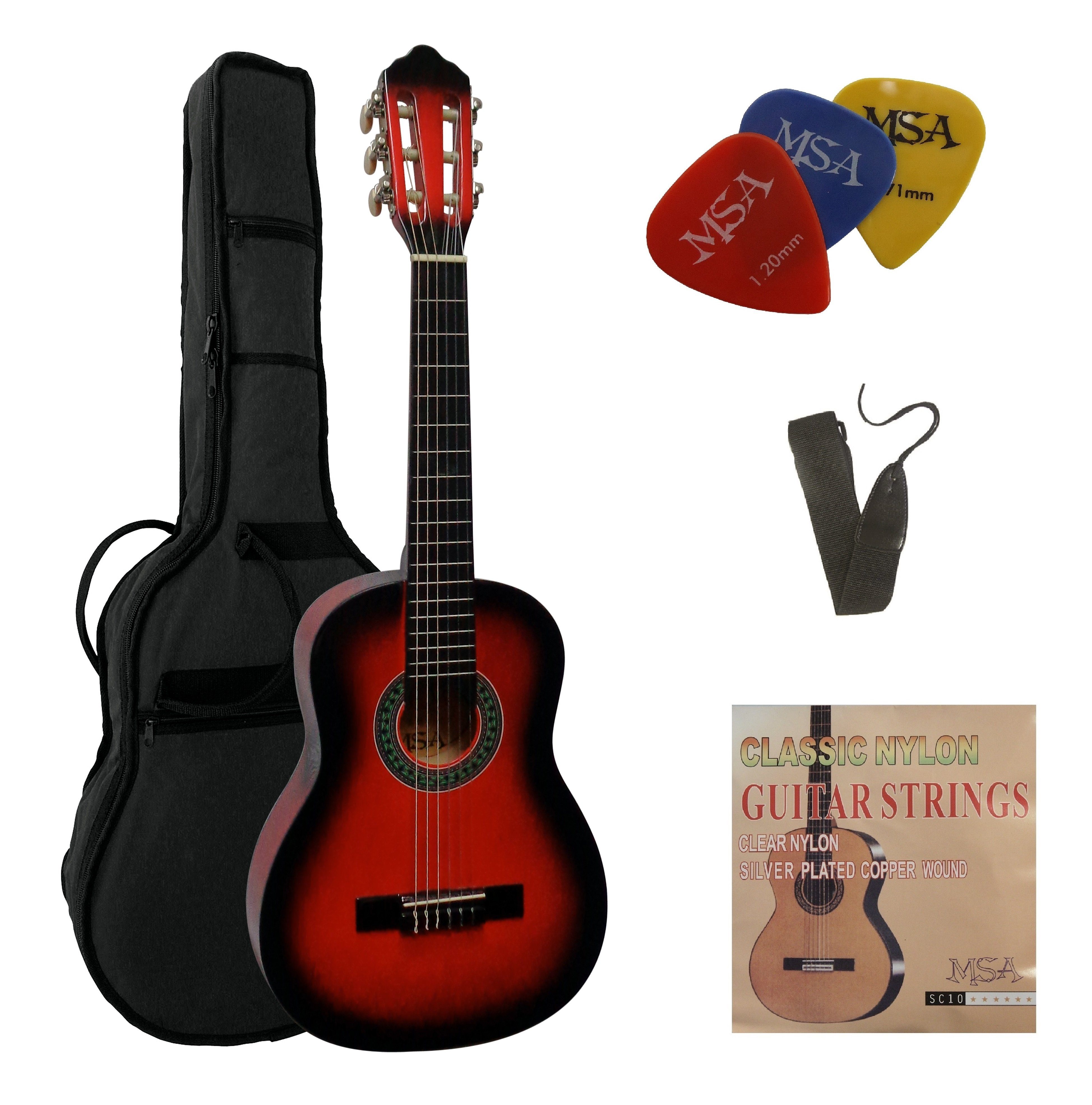 MSA Konzertgitarre 1/4 Kindergitarre Set Tasche Band Saiten 3xPlektron, Gitarre aus Lindenholz Nylonsaiten