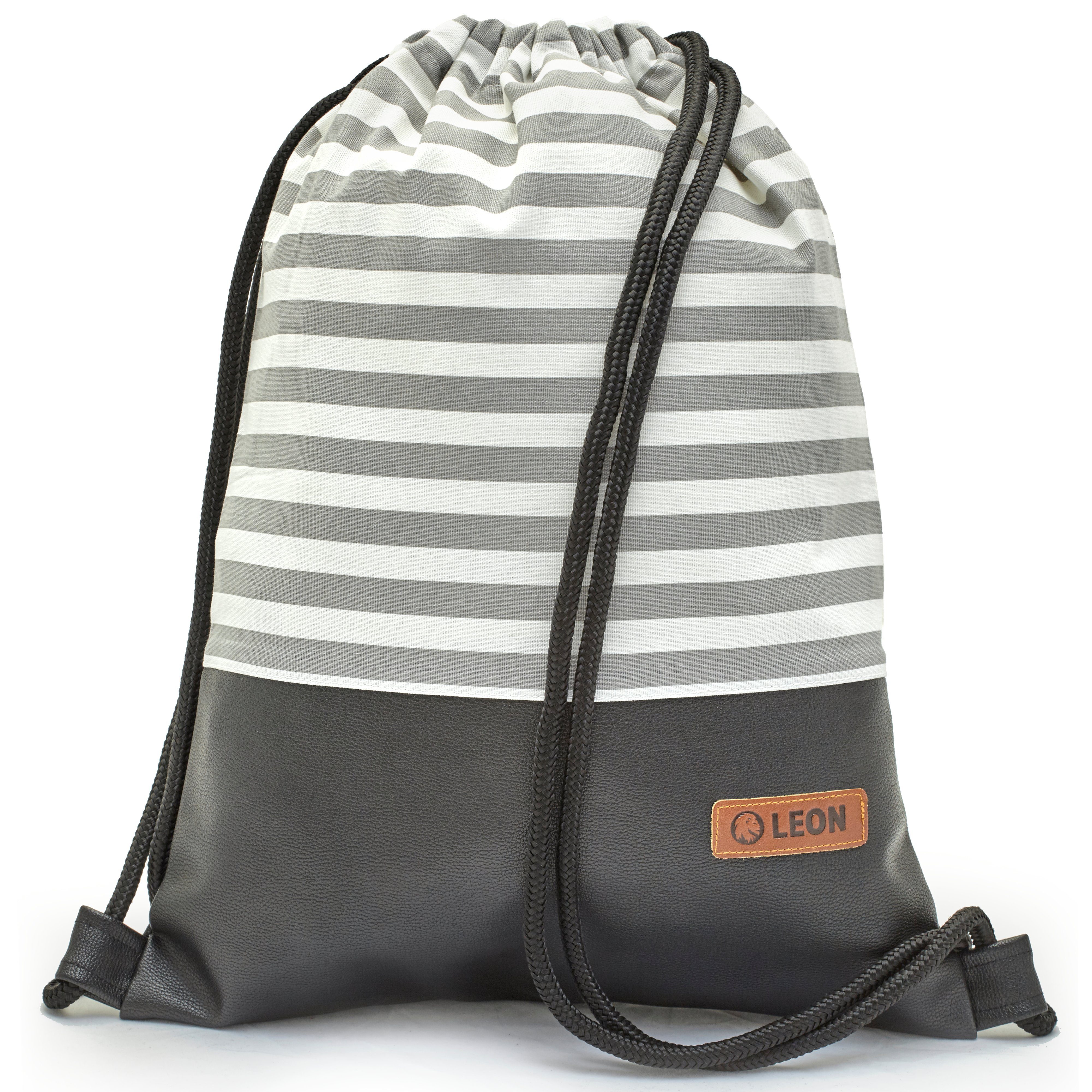 By Bers Freizeitrucksack Leon By Bers Turnbeutel (Tagesrucksack für Strand Sport Festival Freizeit Alltag Einkauf aus Baumwolle Innentasche Schlüsselband), Premium Handarbeit, reine Baumwolle GrauWeissStreifenPU