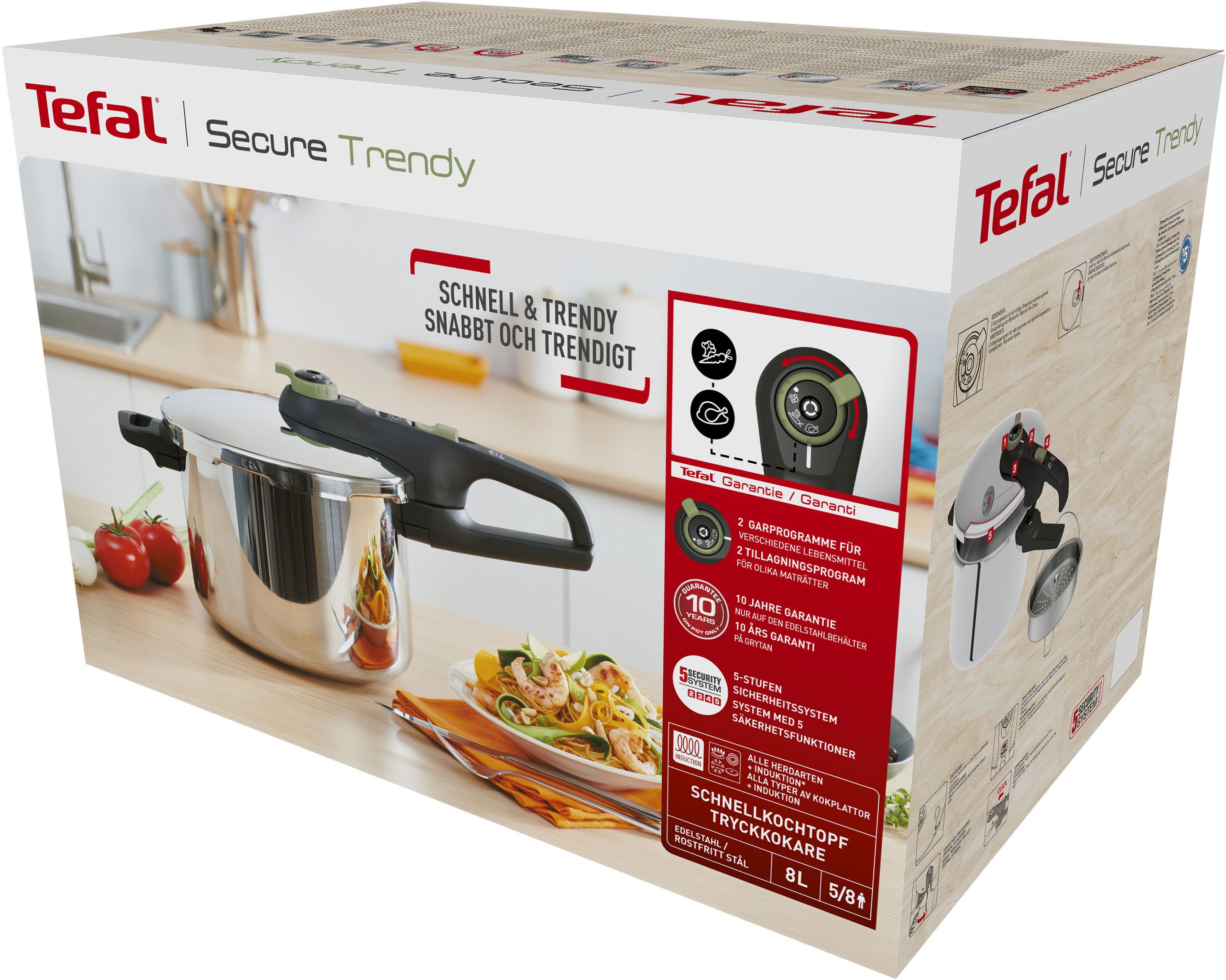 Trendy, Garregler,Sicherheitsvorrichtung,Korbeinsatz, Induktion Schnellkochtopf Tefal (1-tlg), Dampfkochtopf, Edelstahl Secure