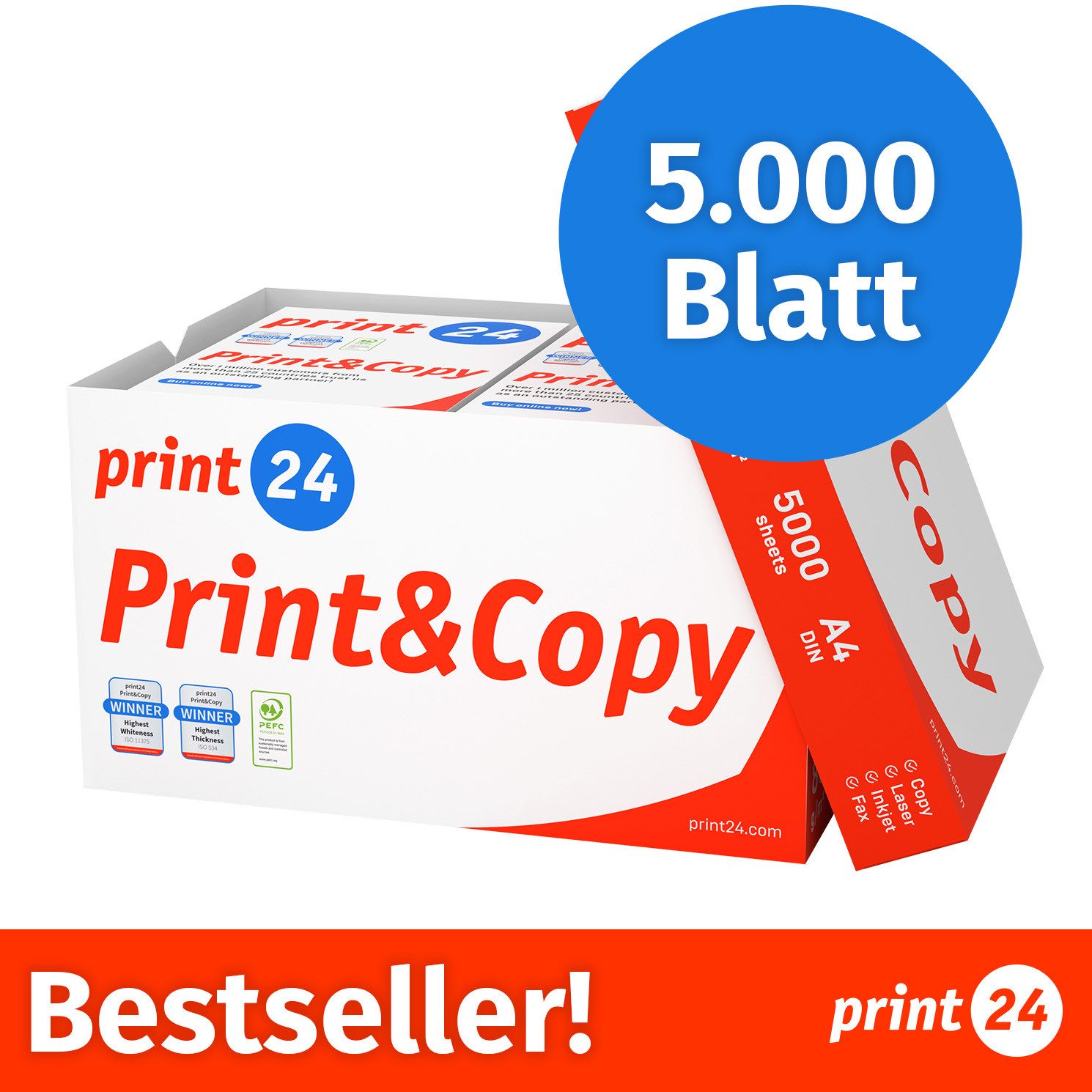 print24 Drucker- und Kopierpapier Kopierpapier 5000 Blatt A4 80g Premium Weiß PEFC zertifiziert, PEFC-Zertifikat (GFA-PEFC-COC-500582)