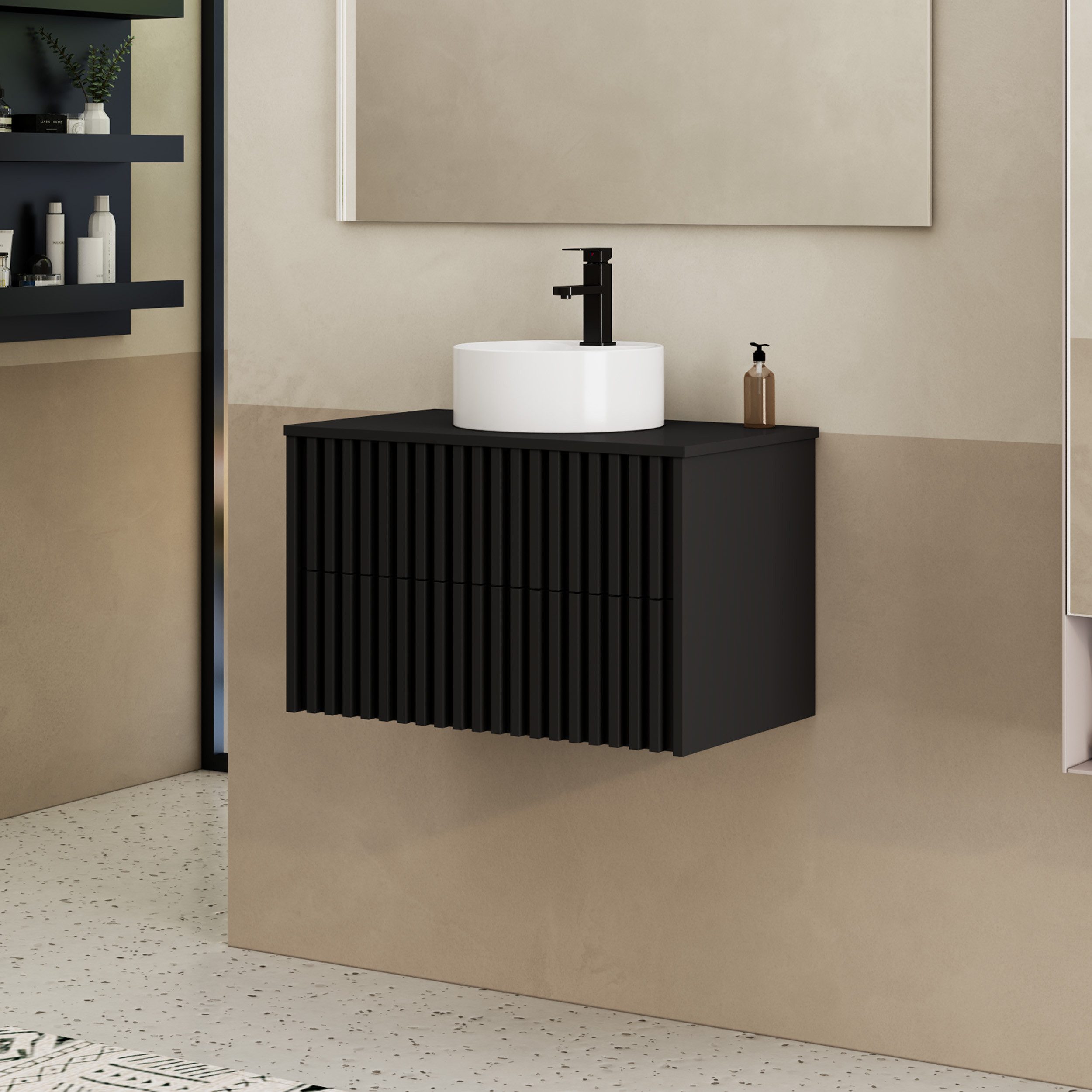 UEV Waschtisch mit Unterschrank hängend Rundes Keramikwaschbecken (Komplett-Set Badmöbel, Badezimmmer Schrank, mit Wasserhahn und Pop-up-Ablassventil Aufsatz-Waschbecken), Soft-close Schubladen,Waschbeckenunterschrank mit 2 Schubladen