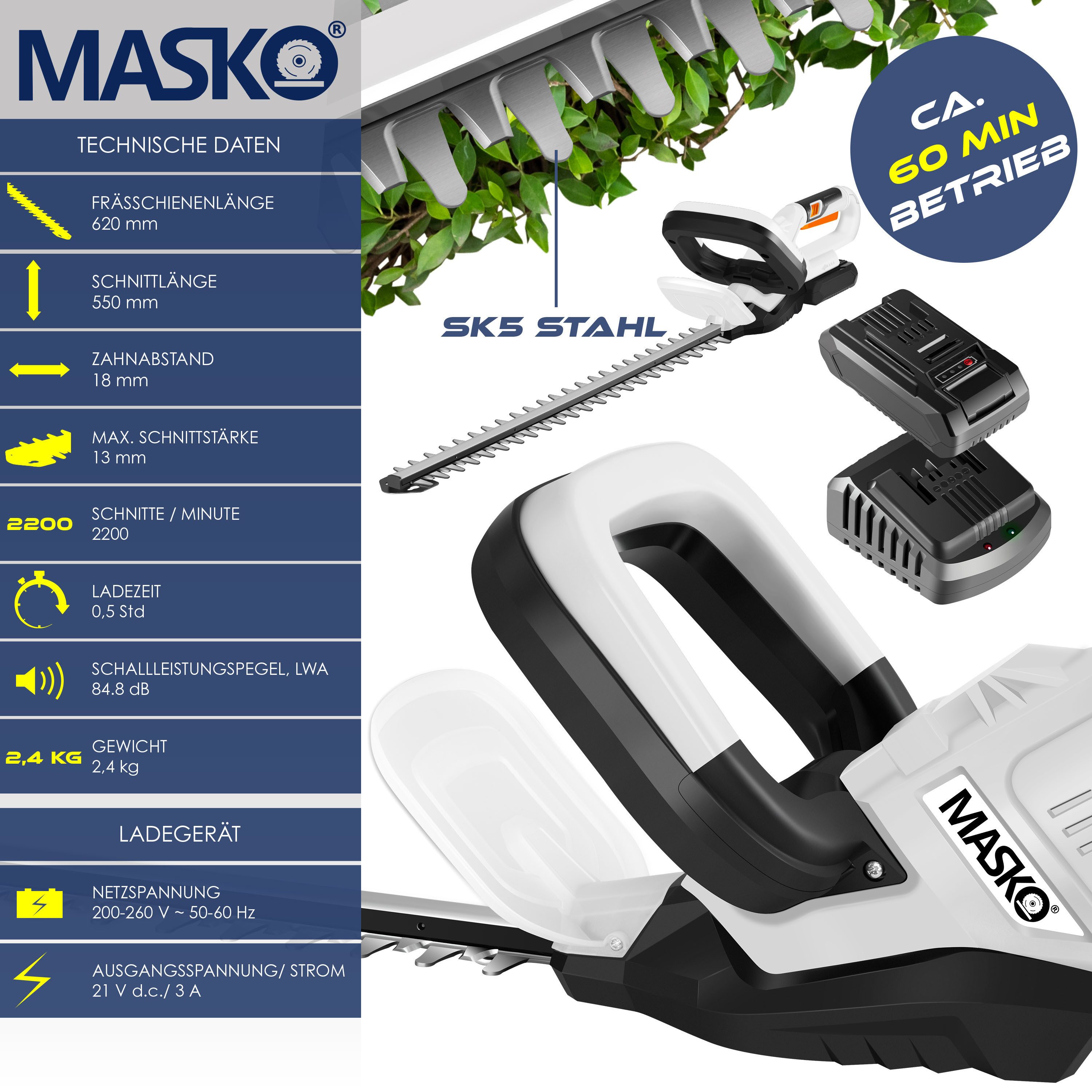 MASKO Elektro-Heckenschere, (0 St), Akku Heckenschere Profi Hecken Strauchschere 57cm