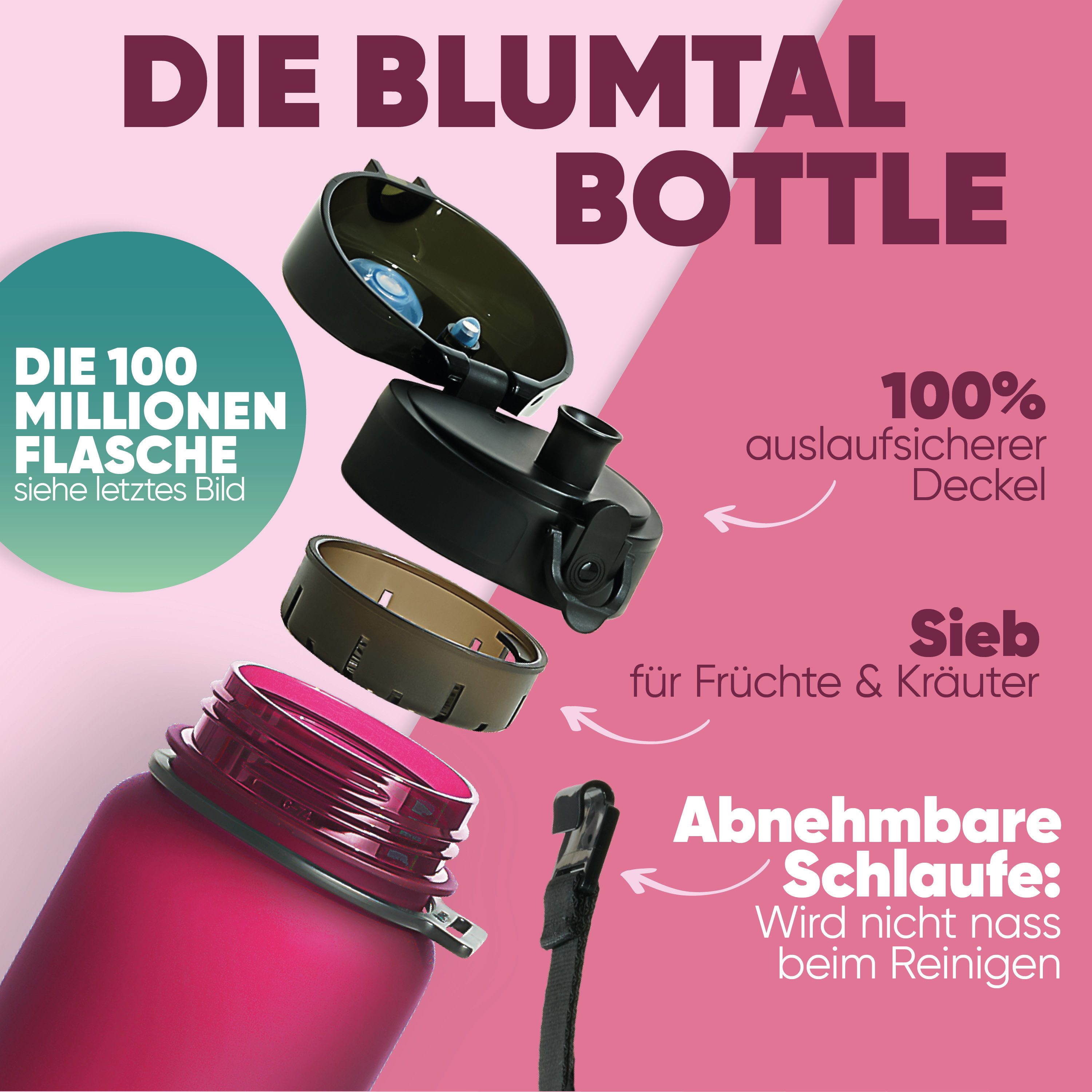 Blumtal Trinkflasche auslaufsichere Trinkflasche Sport + 1-Klick-Verschluss, BPA-freie Wasserflasche mit Sieb - spülmaschinenfest