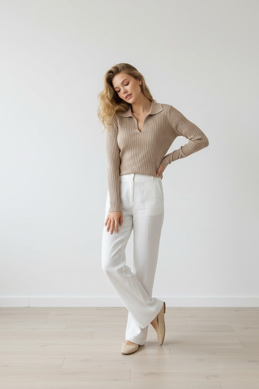 Zuckerwatte V-Ausschnitt-Pullover Rippstrickoptik aus Viskose mit Elasthan