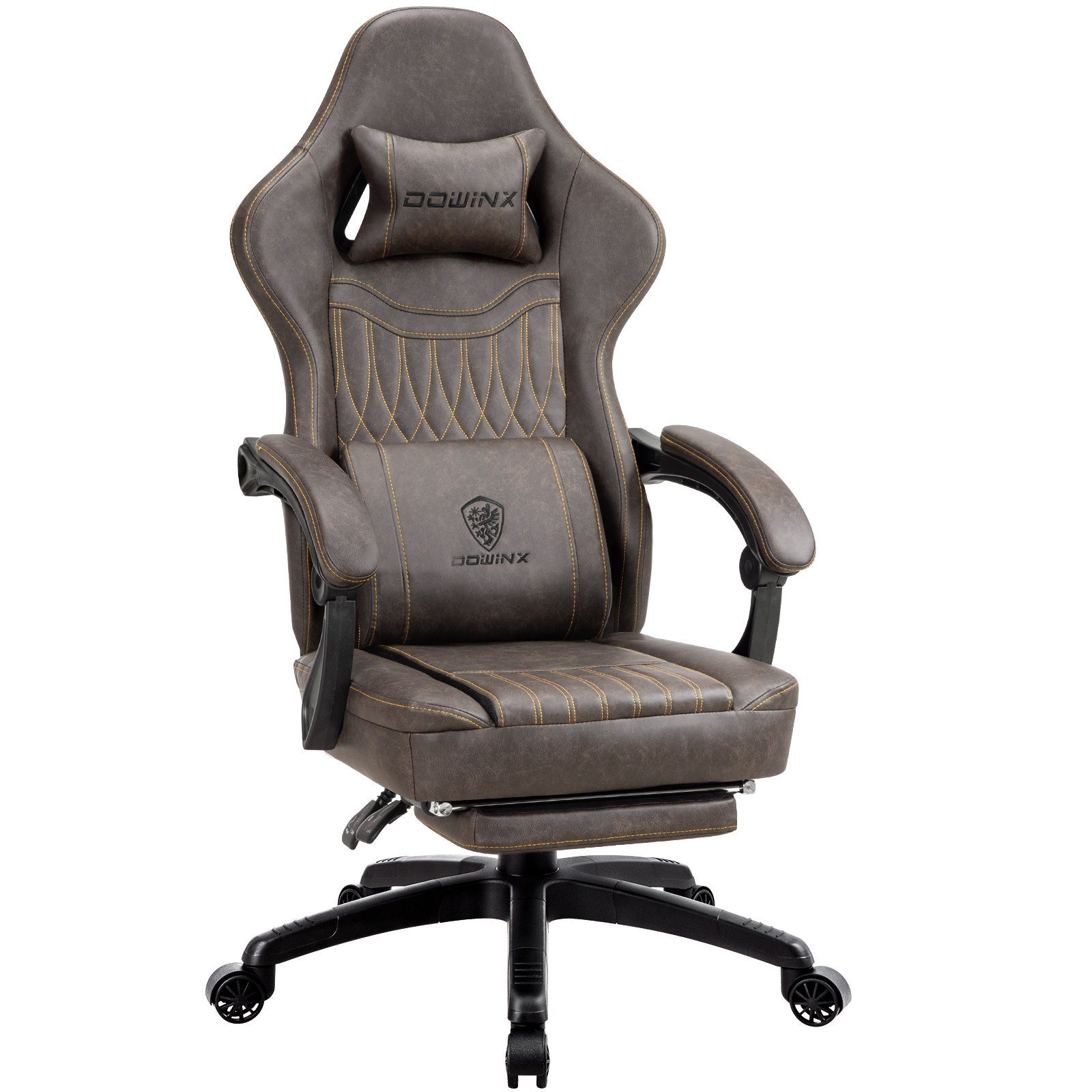 Dowinx Gaming-Stuhl Mit Federkissen, Massage-Lendenwirbelstütze Fußstütze, Rennspielsessel, Ergonomisches Design, PU-Leder, Braun