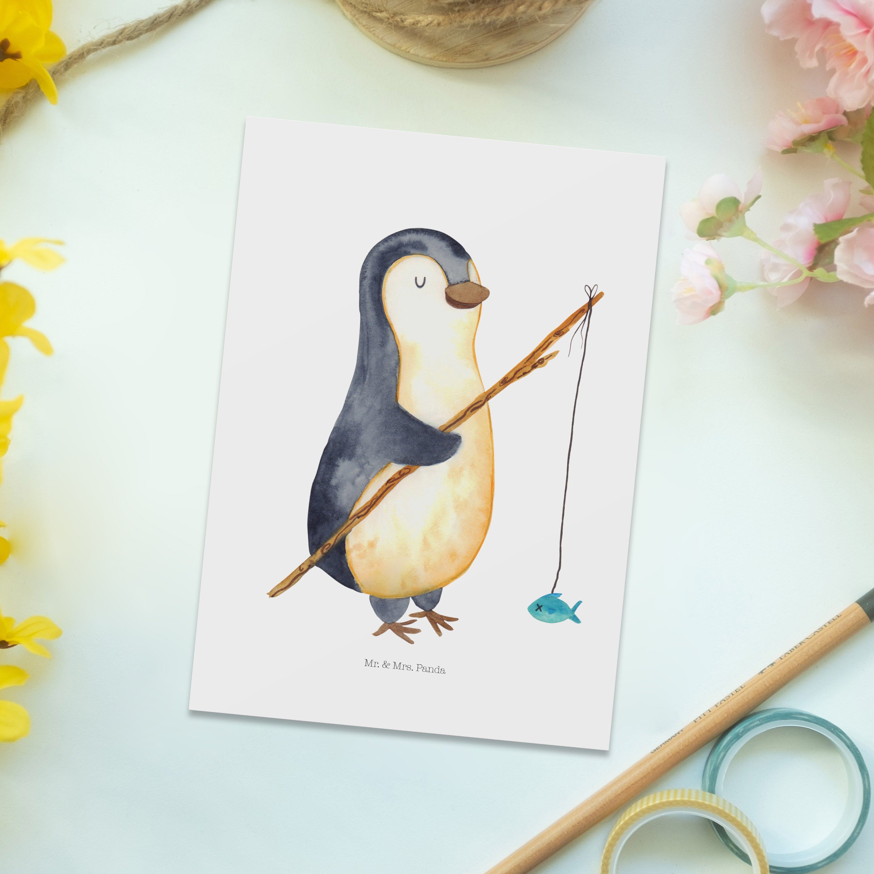 Mr. & Mrs. Geschenk, Angler Panda Postkarte - Karte, Fischer, - Pinguin Weiß Geschenkkarte, Einl