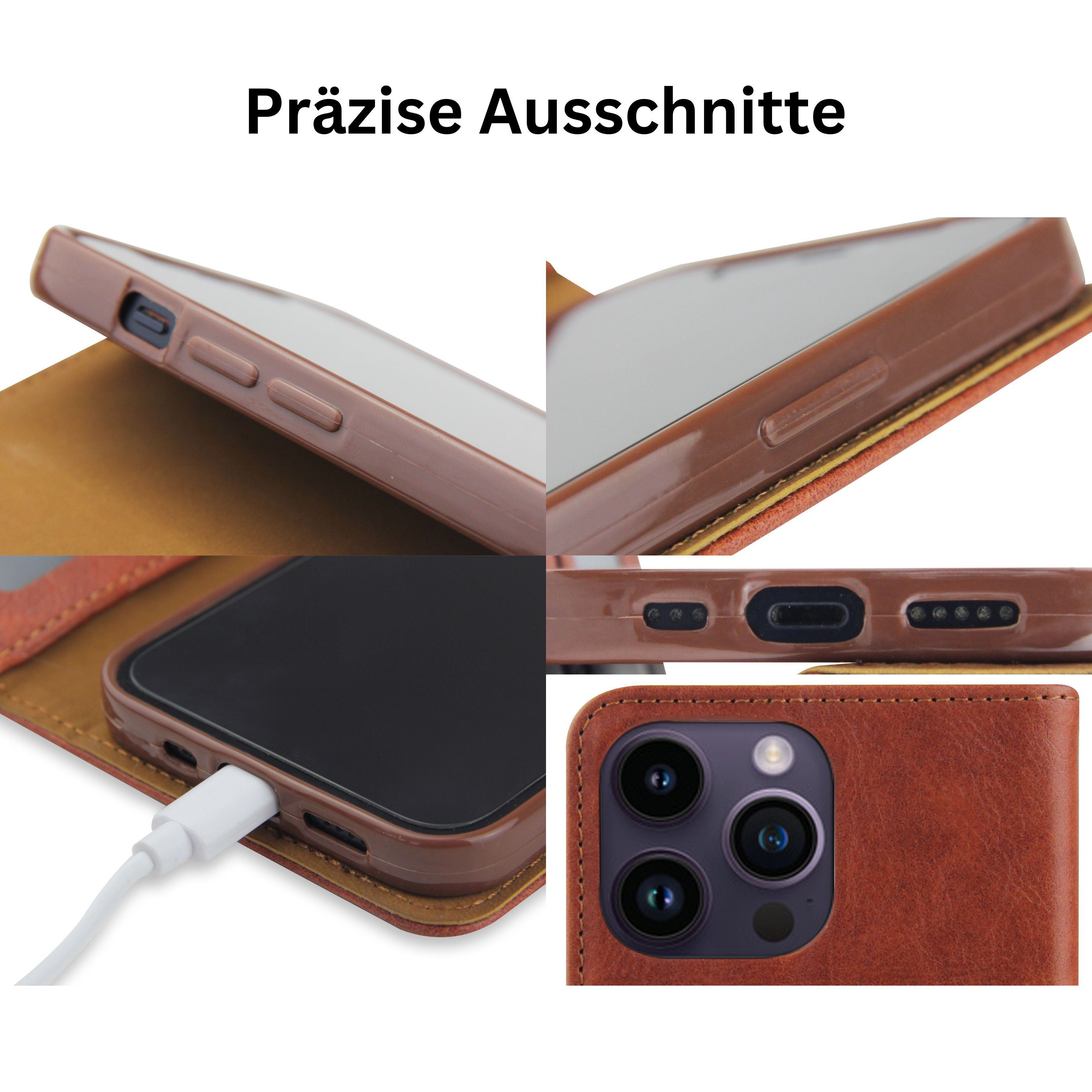 Frentree Handyhülle aus echtem Leder für iPhone 12, 13, 14, Magnetverschluss mit 4 Kartenfächern & 2 Sichtfenstern, Handy-Ständer