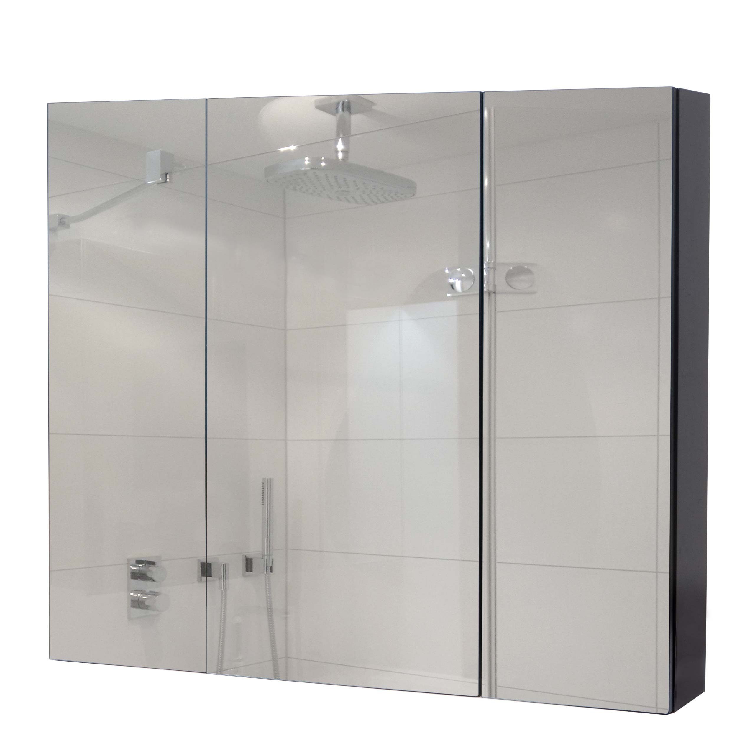 MCW Badezimmerspiegelschrank MCW-B19b-80 mit Ablageflächen, Hochglanz-Optik schwarz | schwarz