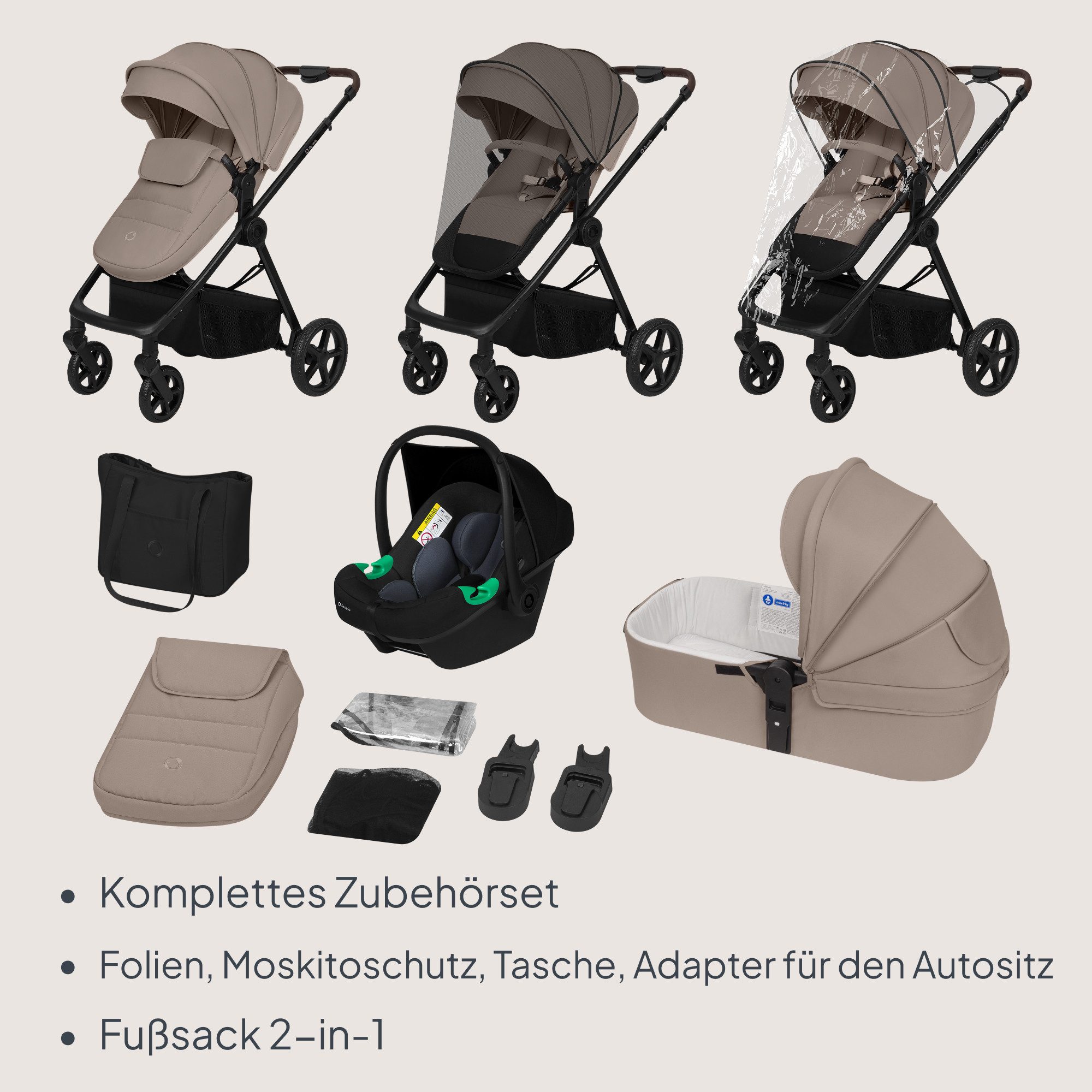lionelo Kombi-Kinderwagen GREET, (Set), 3in1Set/Ganzjahreswanne/UPF50/EVA-Räder/Komfortable Federung