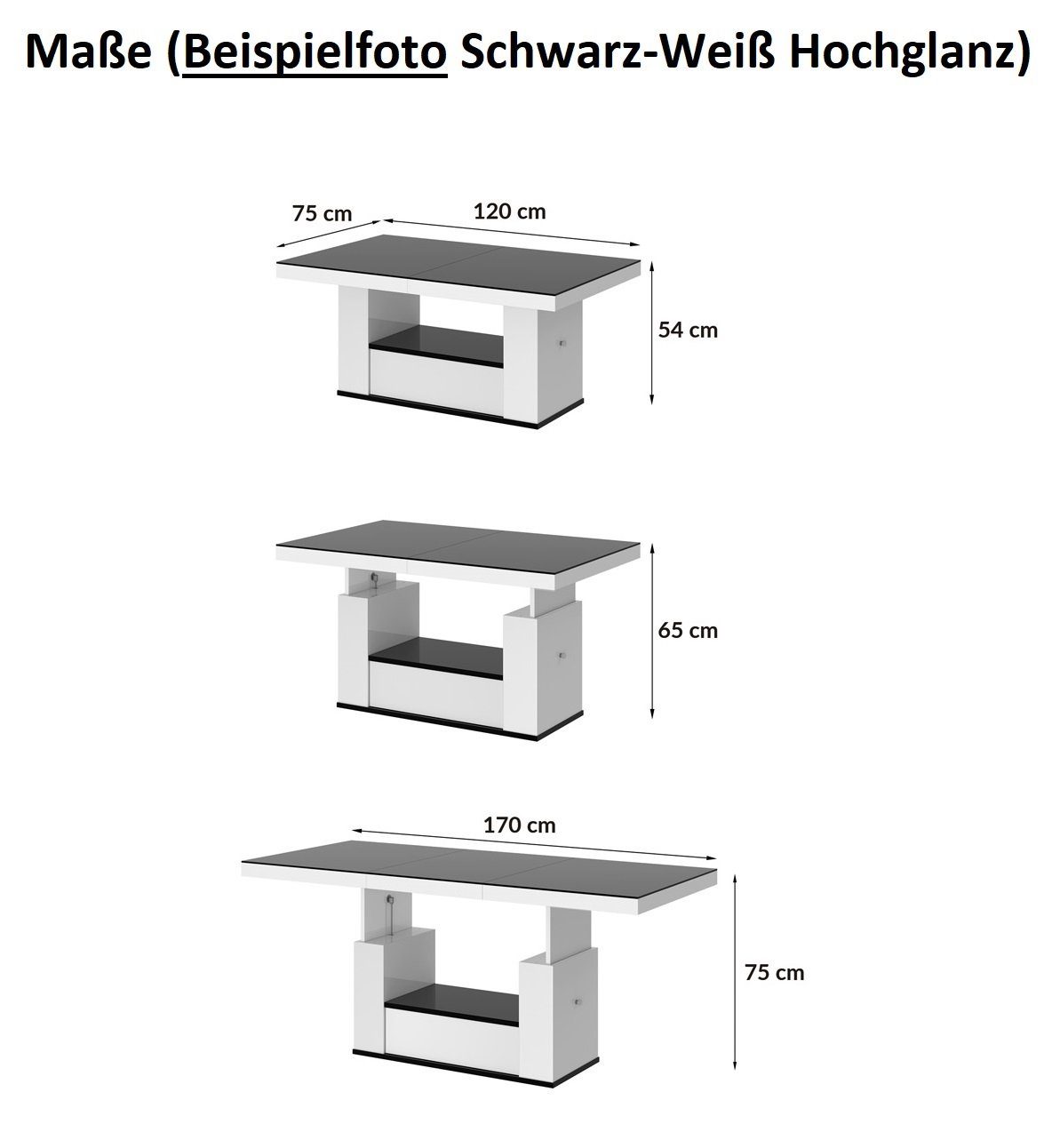 Schwarz Hochglanz Couchtisch / höhenverstellbar HM-111 Schublade Hochglanz / Weiß Hochglanz designimpex Schwarz Weiß ausziehbar