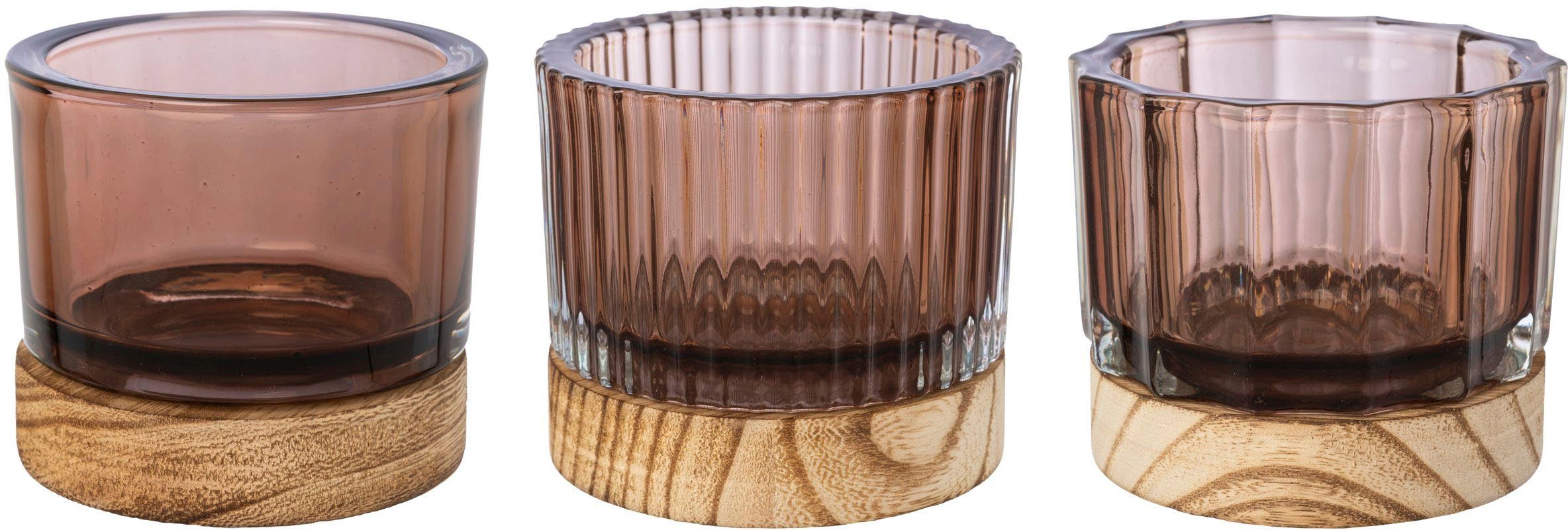 Creativ home Windlicht Kerzenhalter aus Glas, mit Holzfuß (Set, 3 St), Teelichthalter mit 3 verschiedenen Oberflächenstrukturen braun