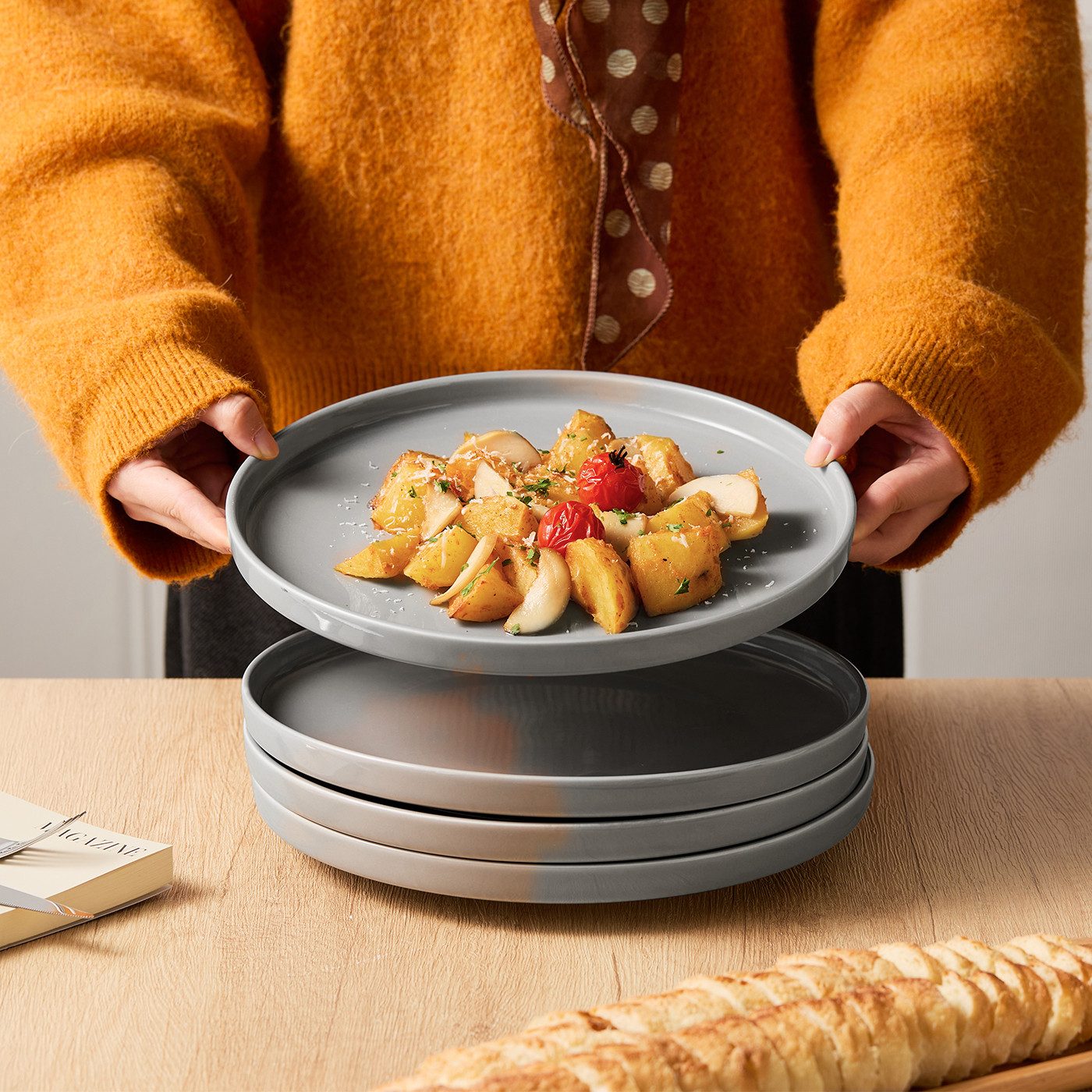 JIWOO Teller 4er Ø26,5cm, Frühstücksteller Salatteller Steakteller Dessertteller, (4 St), Keramik Tellerset Grau Mikrowellen spülmaschinenfest Ø26,5 cm