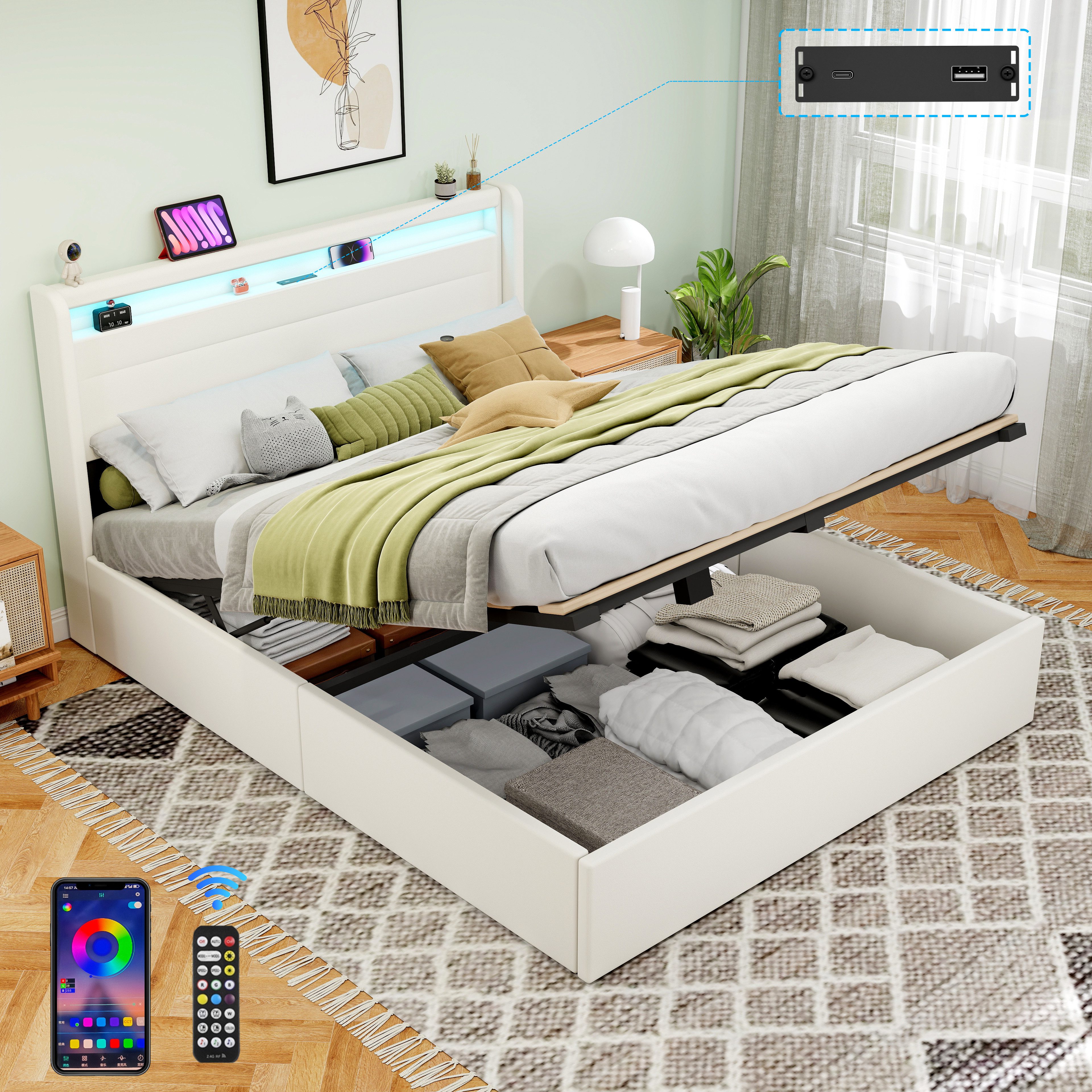 oyajia Polsterbett Stauraumbett Doppelbett LED, PU-Kunstleder (Type-C + USB, Hydraulisch hebbarer Stauraum), Modernes Jugendbett, Leises Design Bett, Max. Belastbarkeit 365 kg