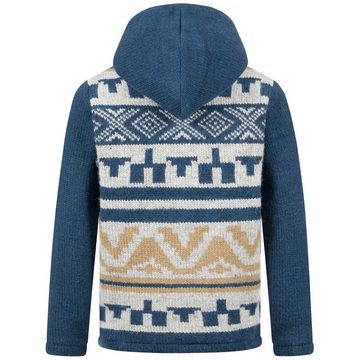 KUNST UND MAGIE Kapuzenstrickjacke Winter-Strickjacke Wolle Fleecefutter Hochkragen Kapuze Aztekenmuster