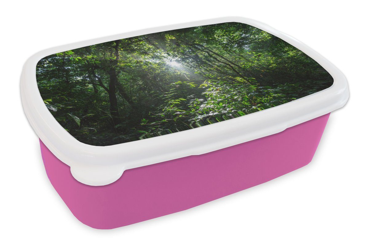 MuchoWow Lunchbox Die Sonne bricht durch das Laub, Costa Rica, Kunststoff, (2-tlg), Brotbox für Erwachsene, Brotdose Kinder, Snackbox, Mädchen, Kunststoff rosa