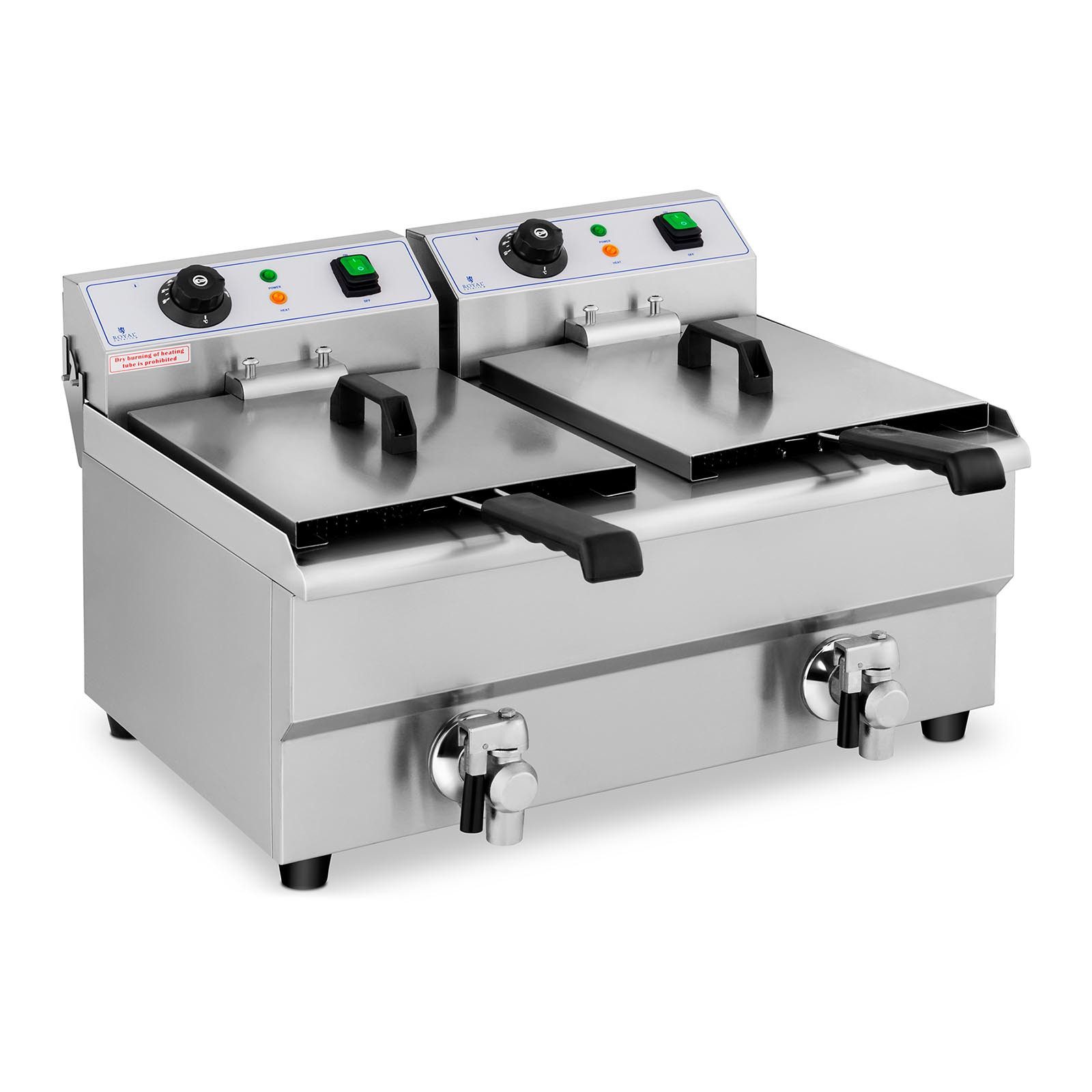 Royal Catering Fritteuse RCEF 10DB, 6000 W, 2 x 10 L Doppel Ablasshahn Edelstahl Elektro Kaltzone