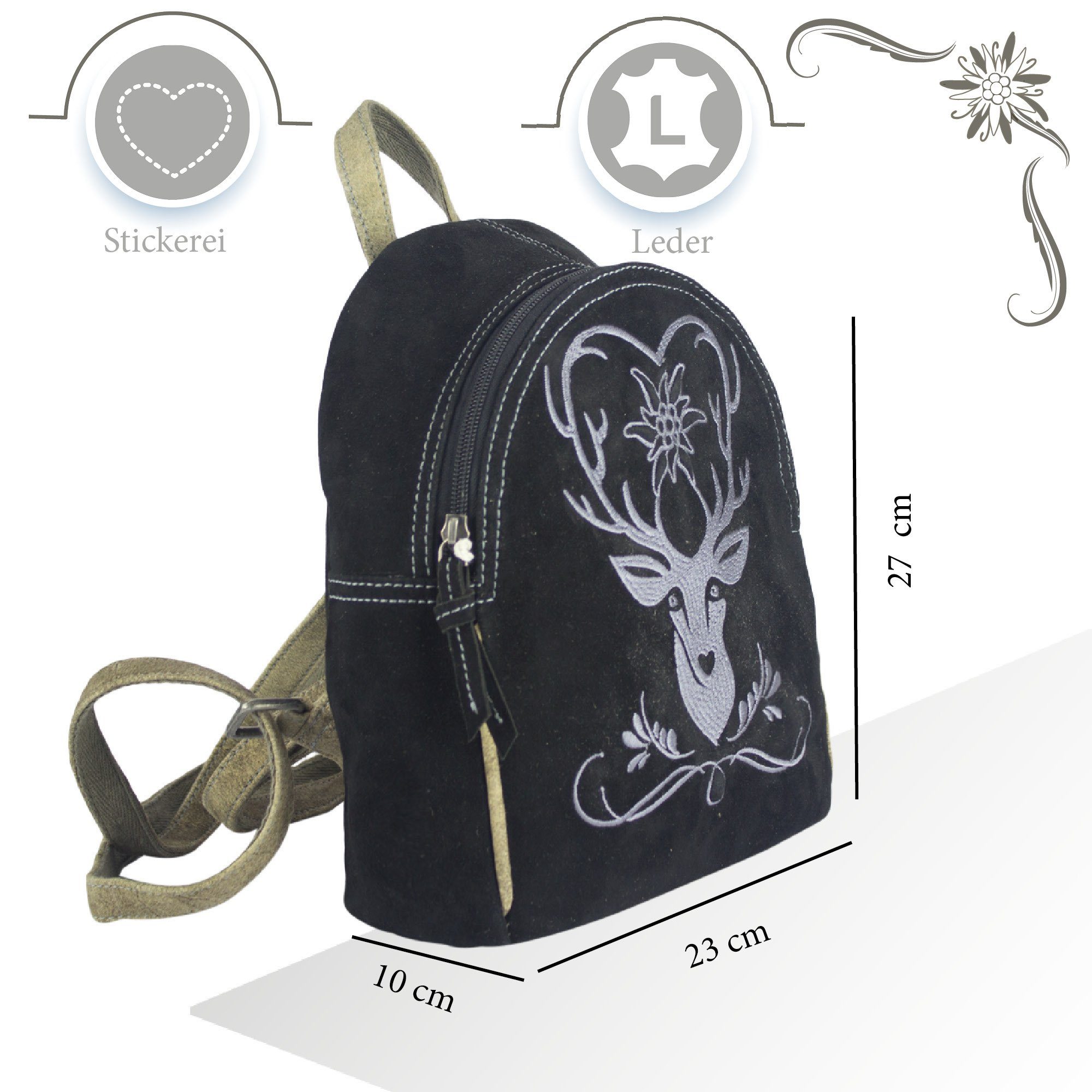 Domelo Trachtentasche Leder Trachten Rucksack Backpack Cityrucksack besticket, Leder Rucksack mit Trachtenmotive Stickerei, Reh Motiv. – Bild 3 von 5