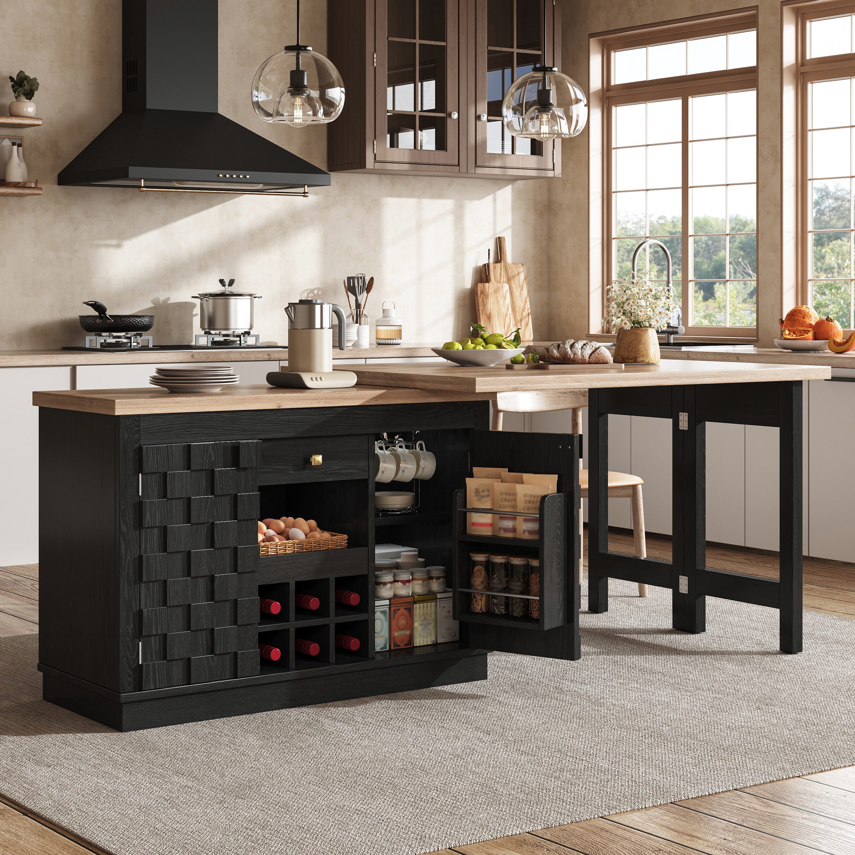 i@home Bartisch Kücheninsel 360° drehbar freistehend (ausziehbarer Küchenwagen mit Weinregal und Schubladen, 1-St), Seitenschrank Türen mit Würfeloptik, Esstisch 120-197 cm