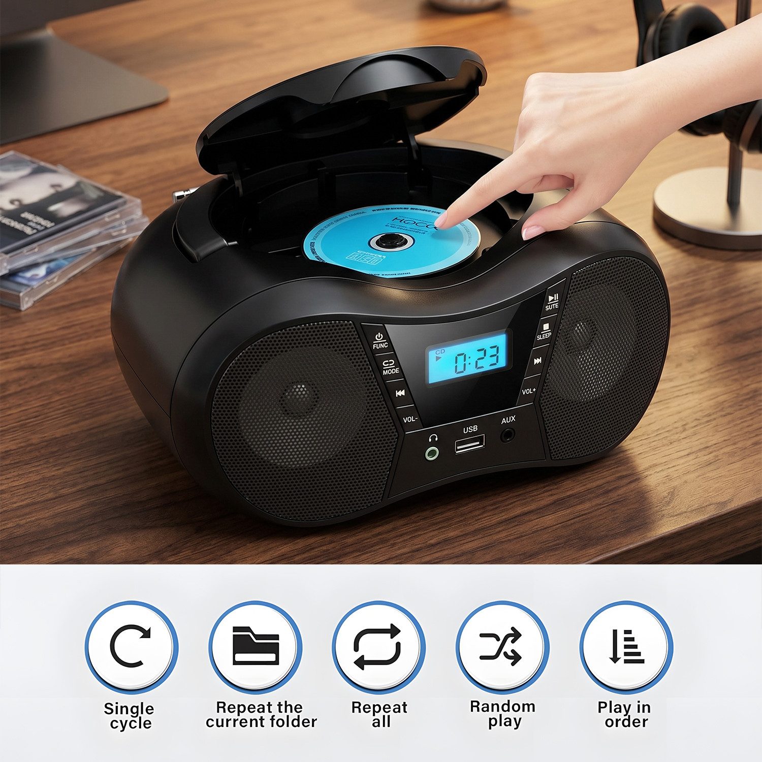 AKKEE tragbarer CD-Player mit UKW Radio, Mit LCD-Display CD-Player (Bluetooth, USB & AUX, CD/FM) – Bild 3 von 5