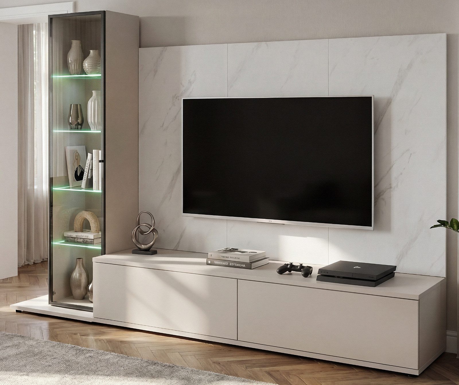 Inn.Furn Wohnwand Charm, (Mediawand Set 3-teilig in Kaschmir / Sand und Marmor, 240 x 175 cm), mit Push-To-Open, inklusive Beleuchtung