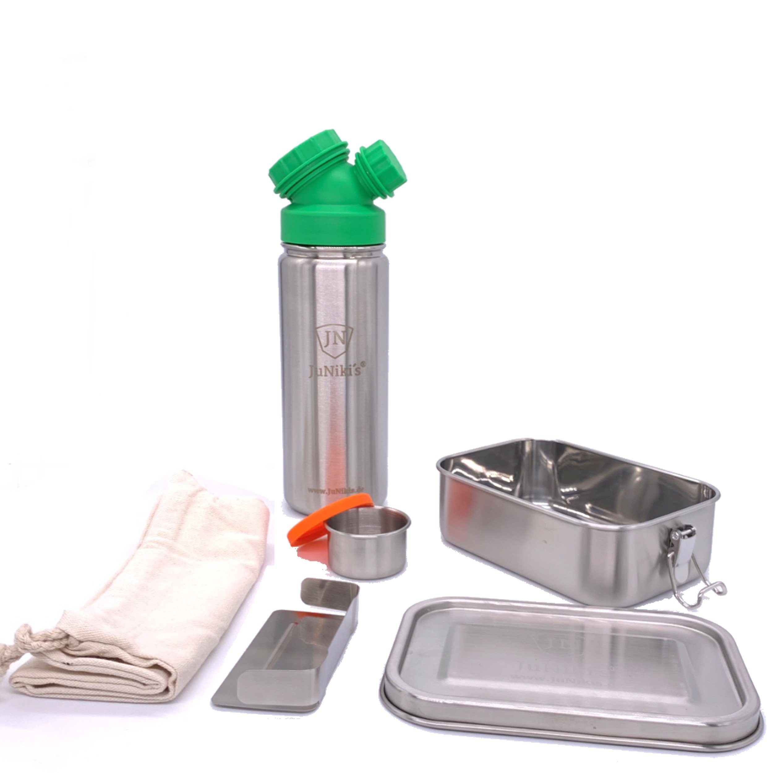 JN JuNiki´s Lunchbox Premium-Schüler-Set aus Edelstahl, Lunchbox und einzigartige isolierte JuNiki´s® 550ml Trinkflasche mit Double Neck® Deckel, auslaufsicher auch bei Kohlensäure - Im Set zum Vorteilspreis Grün