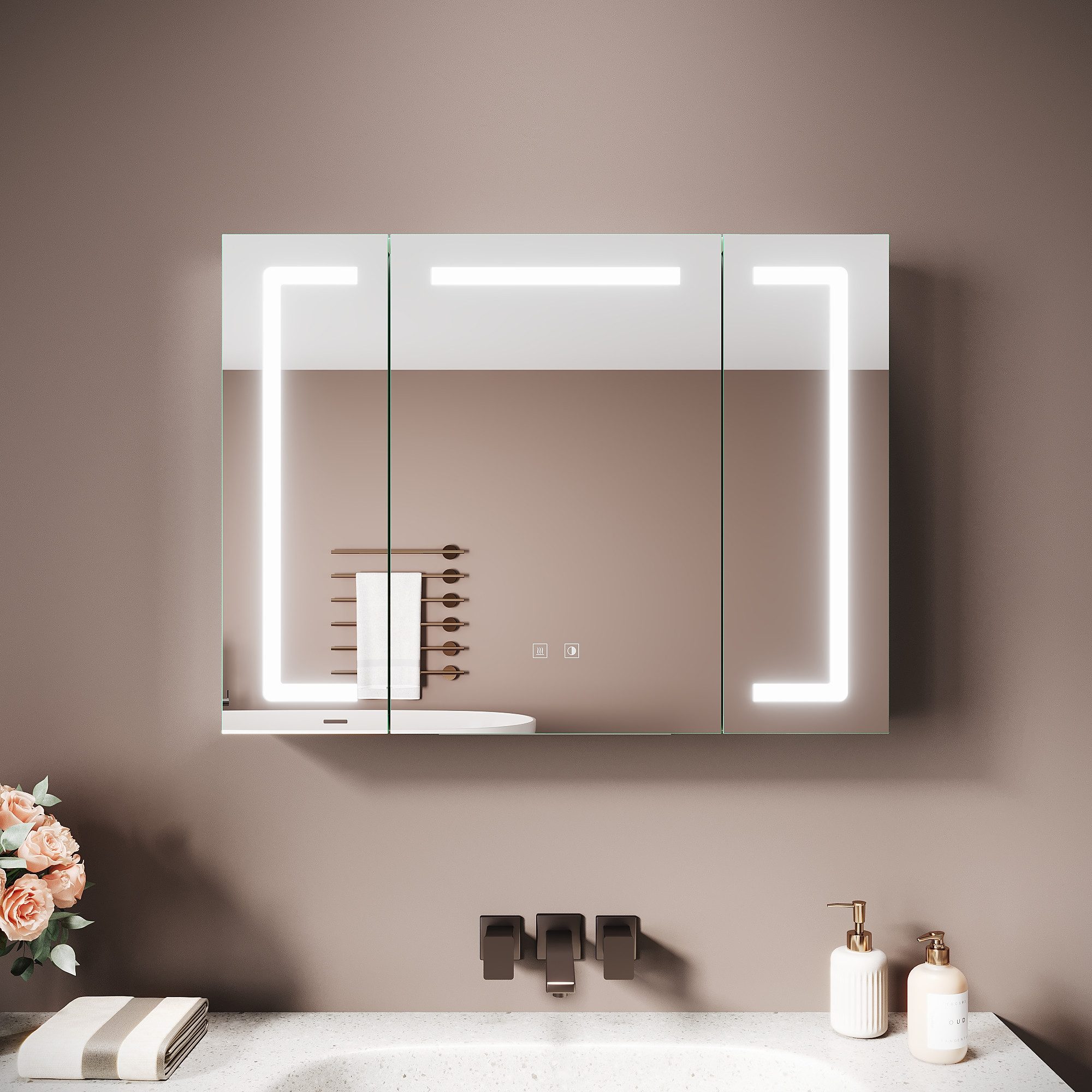SONNI Spiegelschrank Spiegelschrank Badezimmerschrank 80×60cm Bestseller mit 3-farbiger dimmbarer Beleuchtung