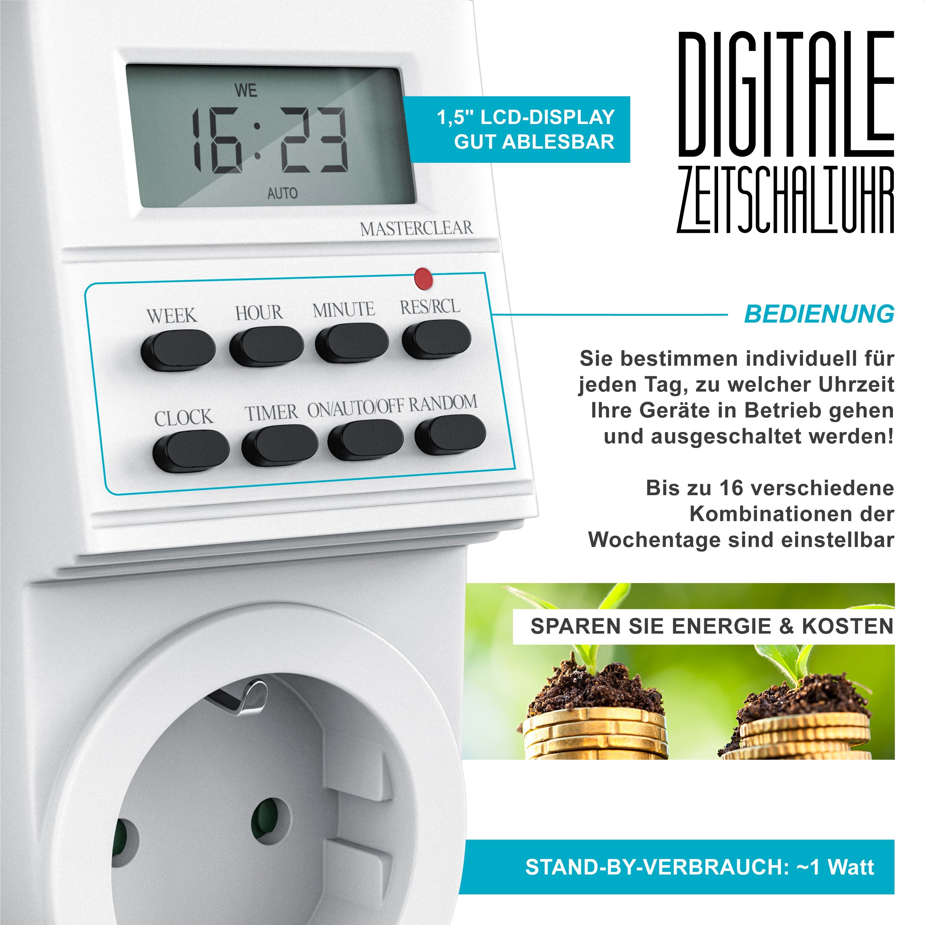 Arendo Zeitschaltuhr, digital, digitale Zeitschaltuhr Timer mit 1,5 Zoll LCD-Display - 3680W