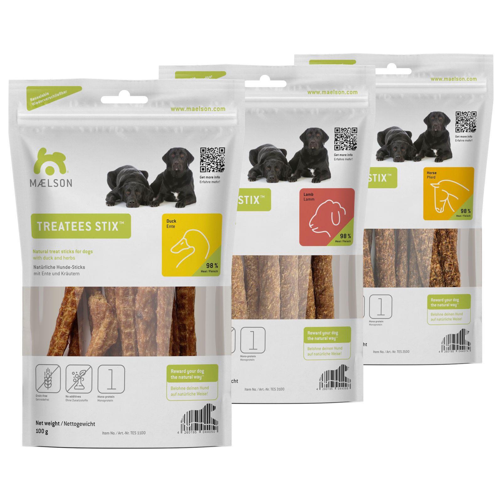 MAELSON Treatees Stix Ente, Lamm & Pferd, 3x 100 g Hundesnack, Snack für: Hund