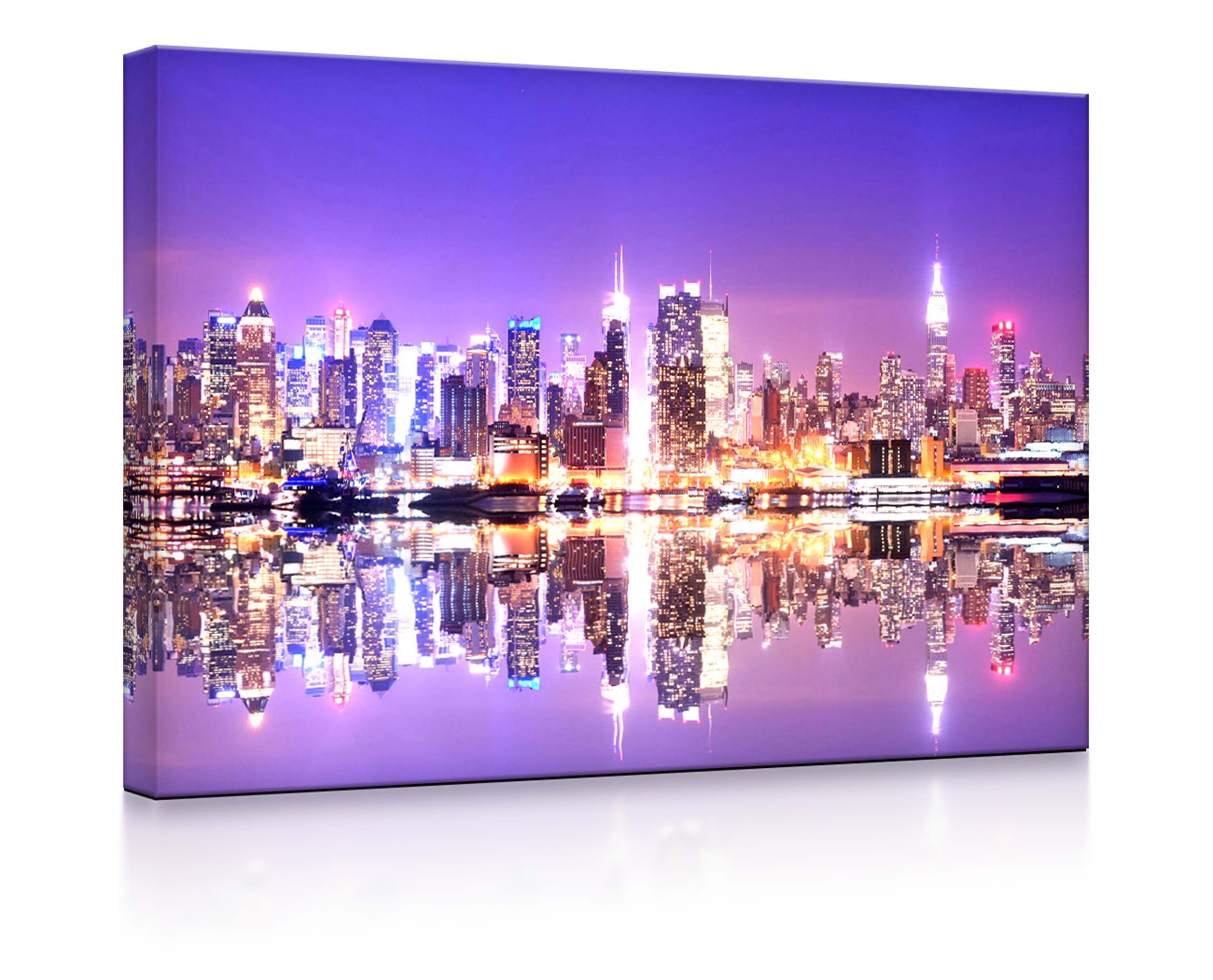 lightbox-multicolor LED-Bild Manhattan Skyline Spiegelung fully lighted / 100x70cm, Leuchtbild mit Fernbedienung