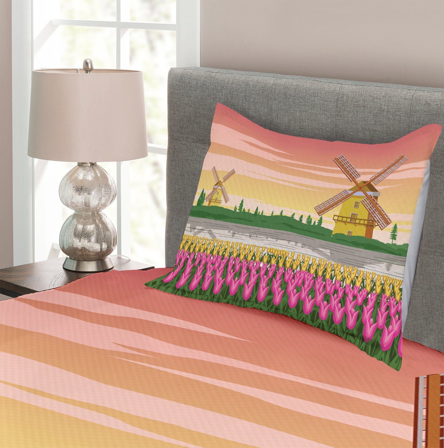 mit Tagesdecke Set Kissenbezügen Abakuhaus, Tulpen Waschbar, Zweifarbige Amsterdam Windmühlen