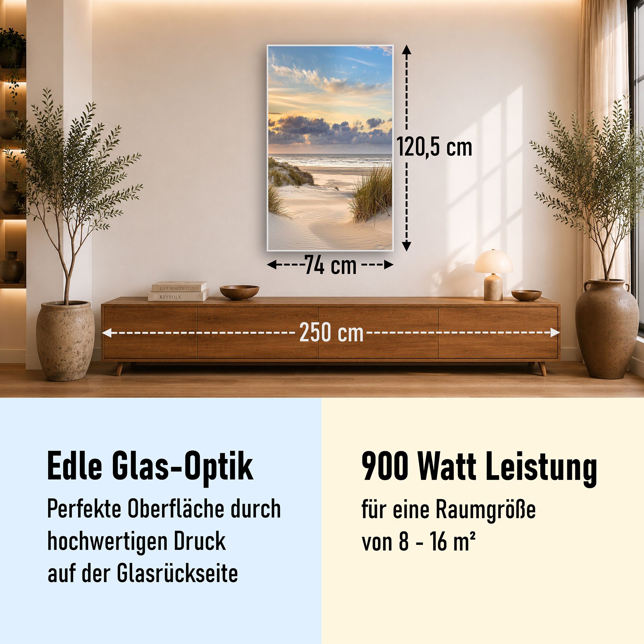 STEINFELD Heizsysteme Infrarotheizung Glas-Bild 900W, 120x74cm, Made in Germany, 7 Jahre Garantie, mit Thermostat, Silber