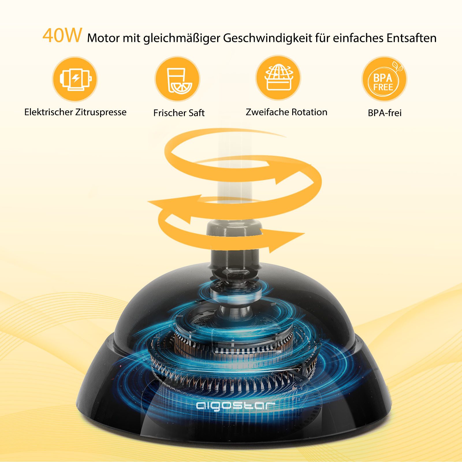 Aigostar Entsafter Saftpresse Elektrisch 2 Kegel, Orangenpresse, Zitruspresse, 40,00 W, Hohe Saftausbeute, Tropfsicherer Auslauf, 100% reiner Saft, BPA-frei