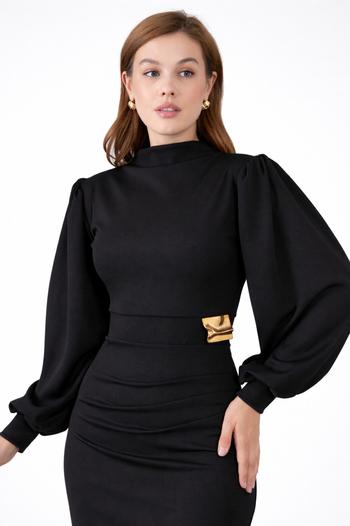 WOMAN VISION Midikleid Schwarzes Midikleid mit langen Ärmeln, Stehkragen und raffinierten Det